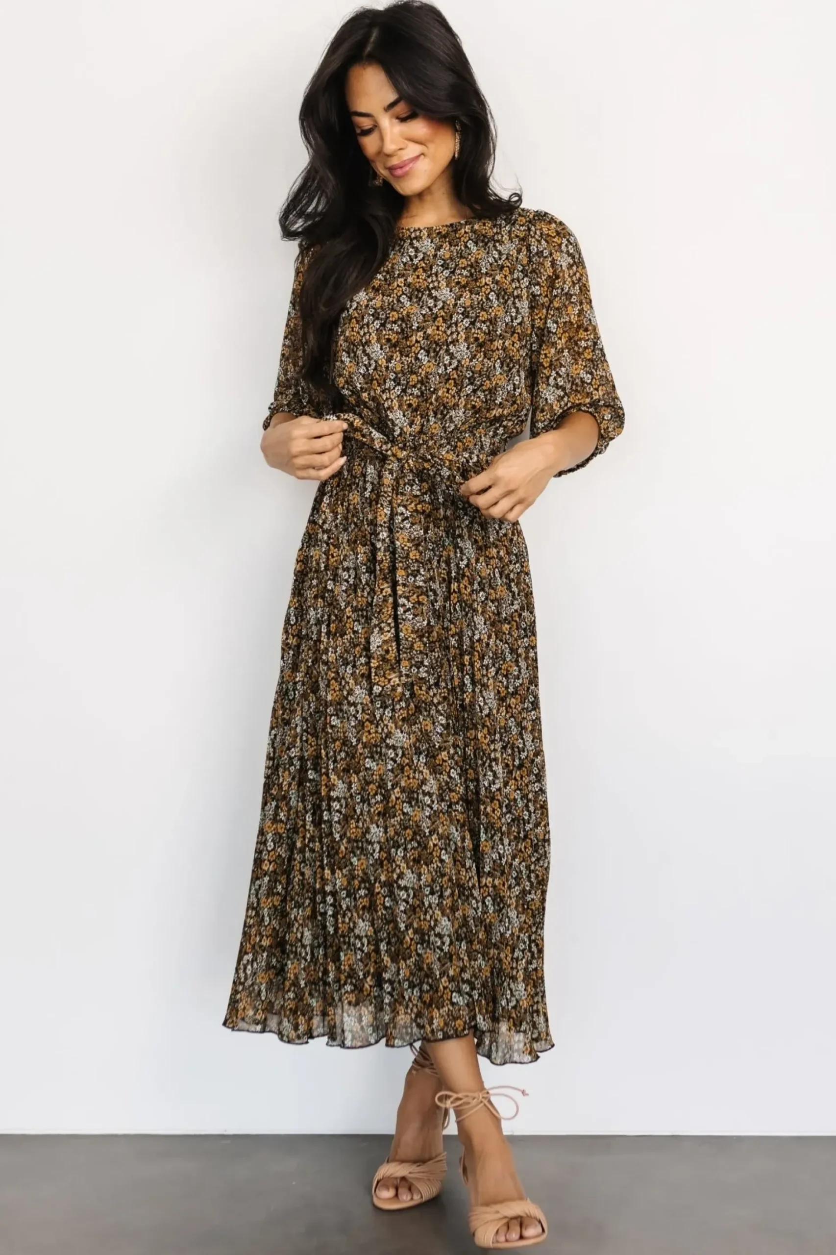 Baltic Born midi dresses|bump friendly|Eileen Pleated Dress | Midnight Garden Print
