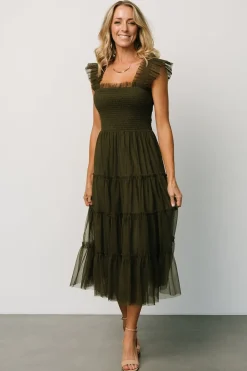 Baltic Born DRESSES|midi dresses|Emma Smocked Tulle Dress | Dark Olive