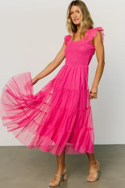 Baltic Born DRESSES|midi dresses|Emma Smocked Tulle Dress | Hot Pink