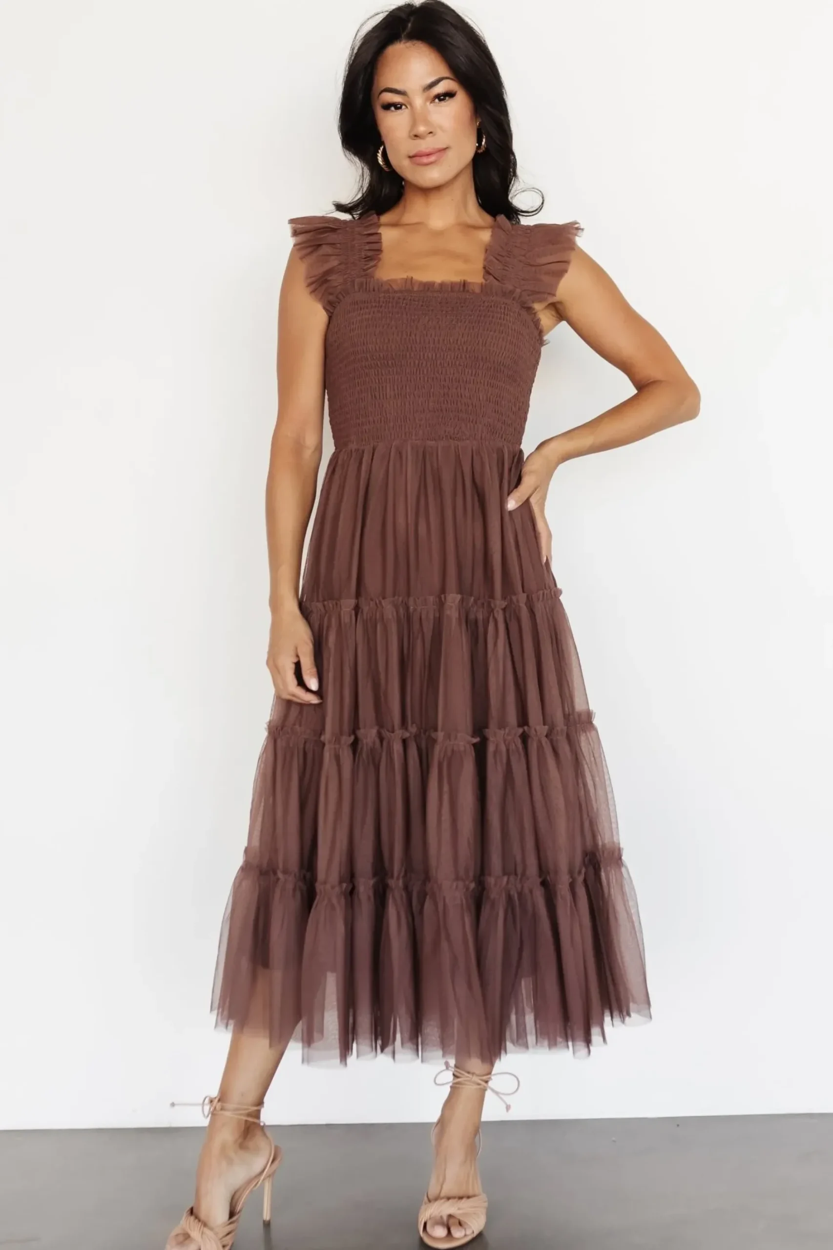Baltic Born DRESSES|midi dresses|Emma Smocked Tulle Dress | Brown