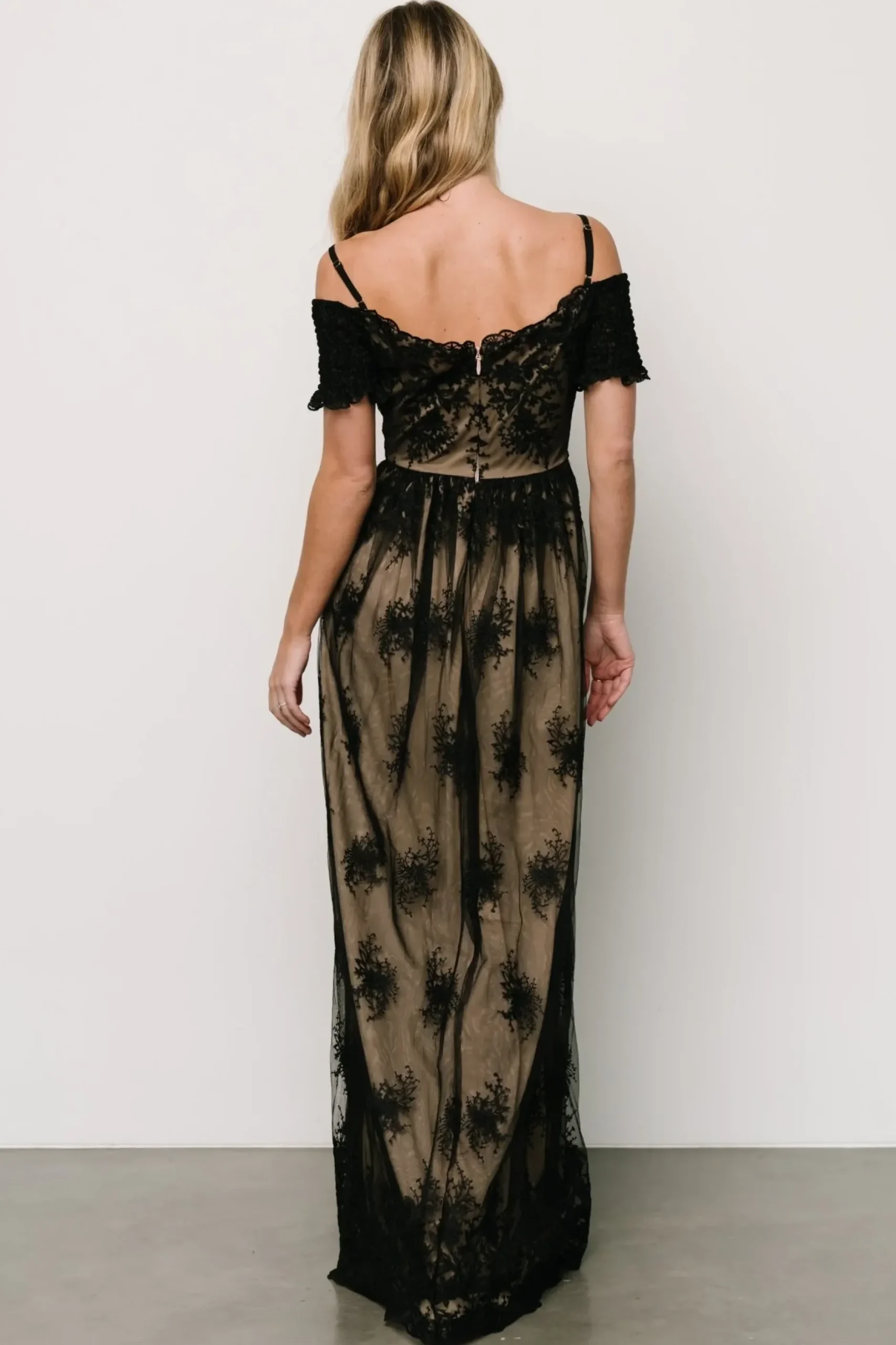Baltic Born tulle styles|Esperanza Tulle Embroidered Maxi Dress | Black + Nude