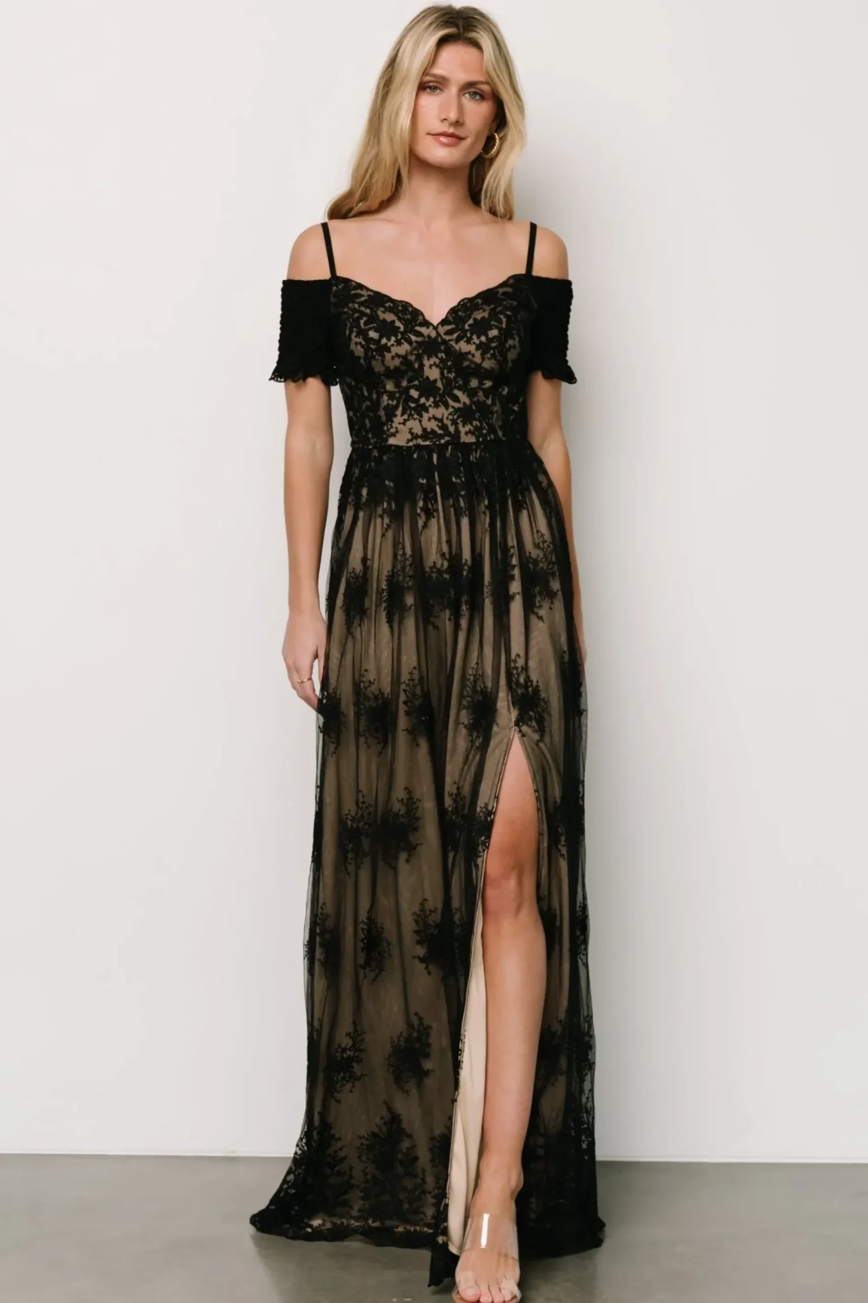 Baltic Born tulle styles|Esperanza Tulle Embroidered Maxi Dress | Black + Nude