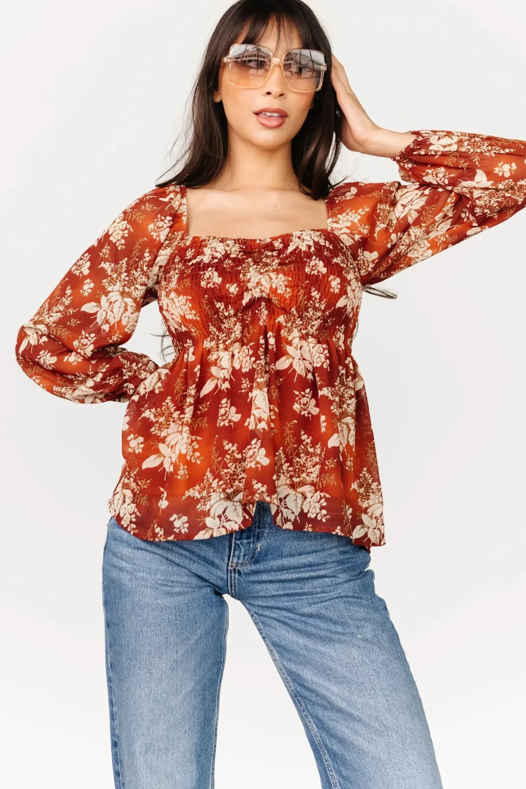 Baltic Born blouses + shirts|Fenna Smocked Top | Rust Floral