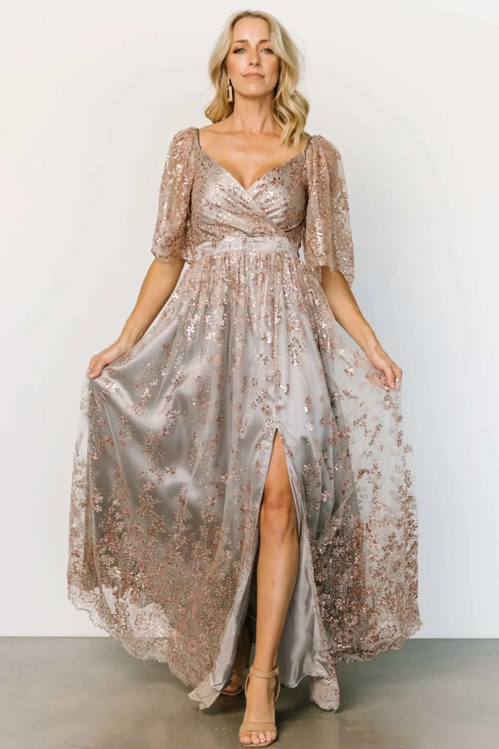 Baltic Born SALE|Genevieve Glitter Maxi Dress | Gray + Rose Gold