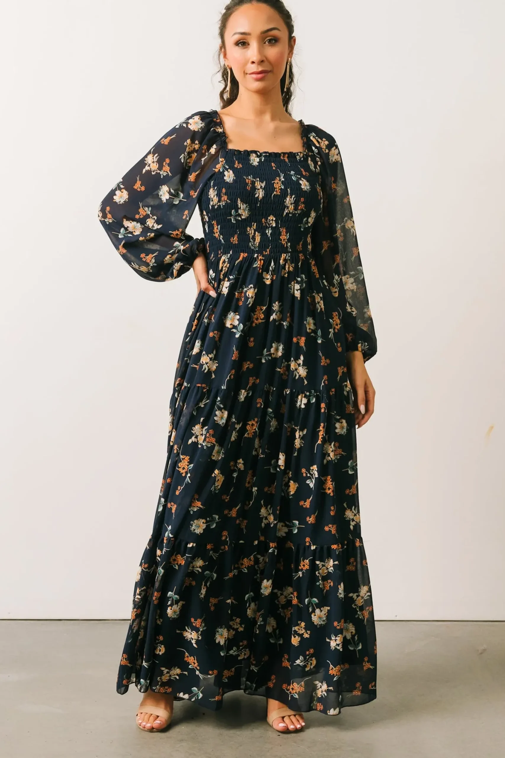Baltic Born bump friendly|Isabela Smocked Maxi Dress | Navy Multi Floral