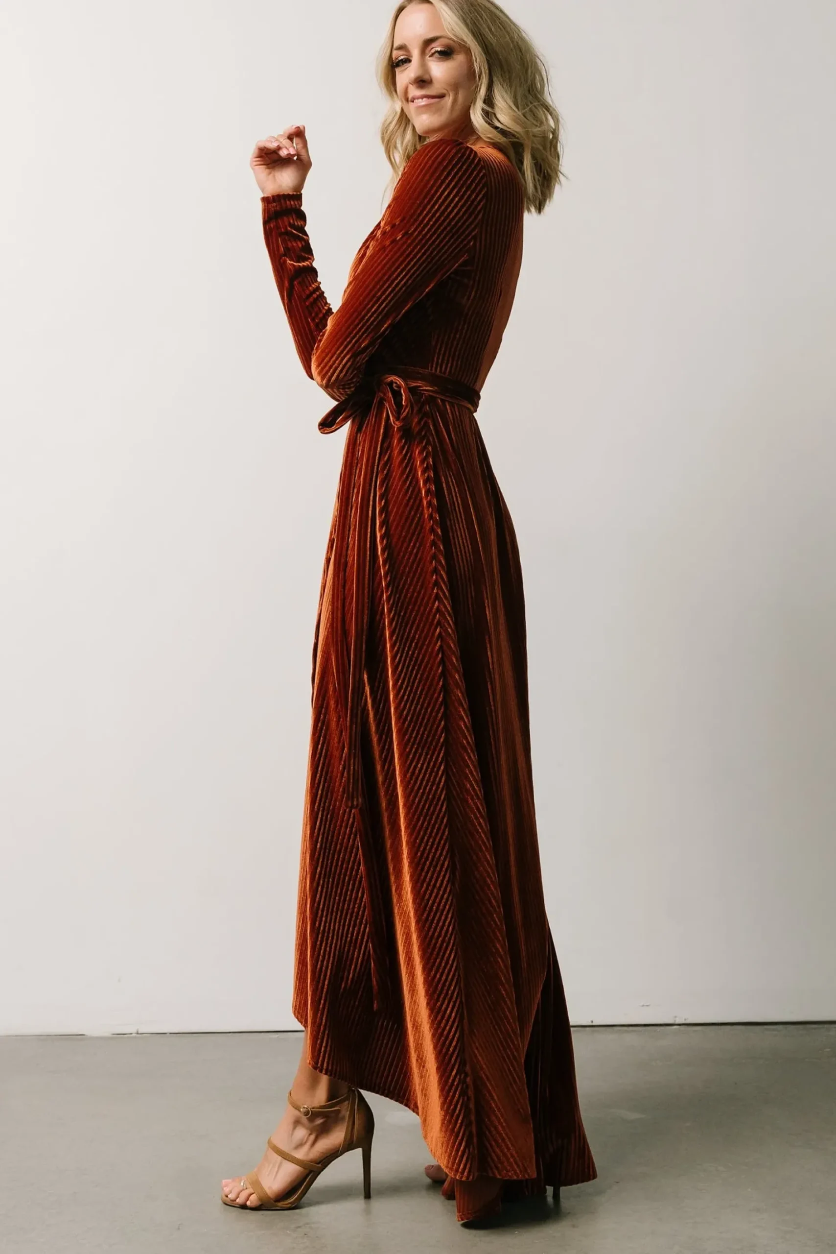 Baltic Born SALE|Jada Ribbed Velvet Wrap Dress | Copper