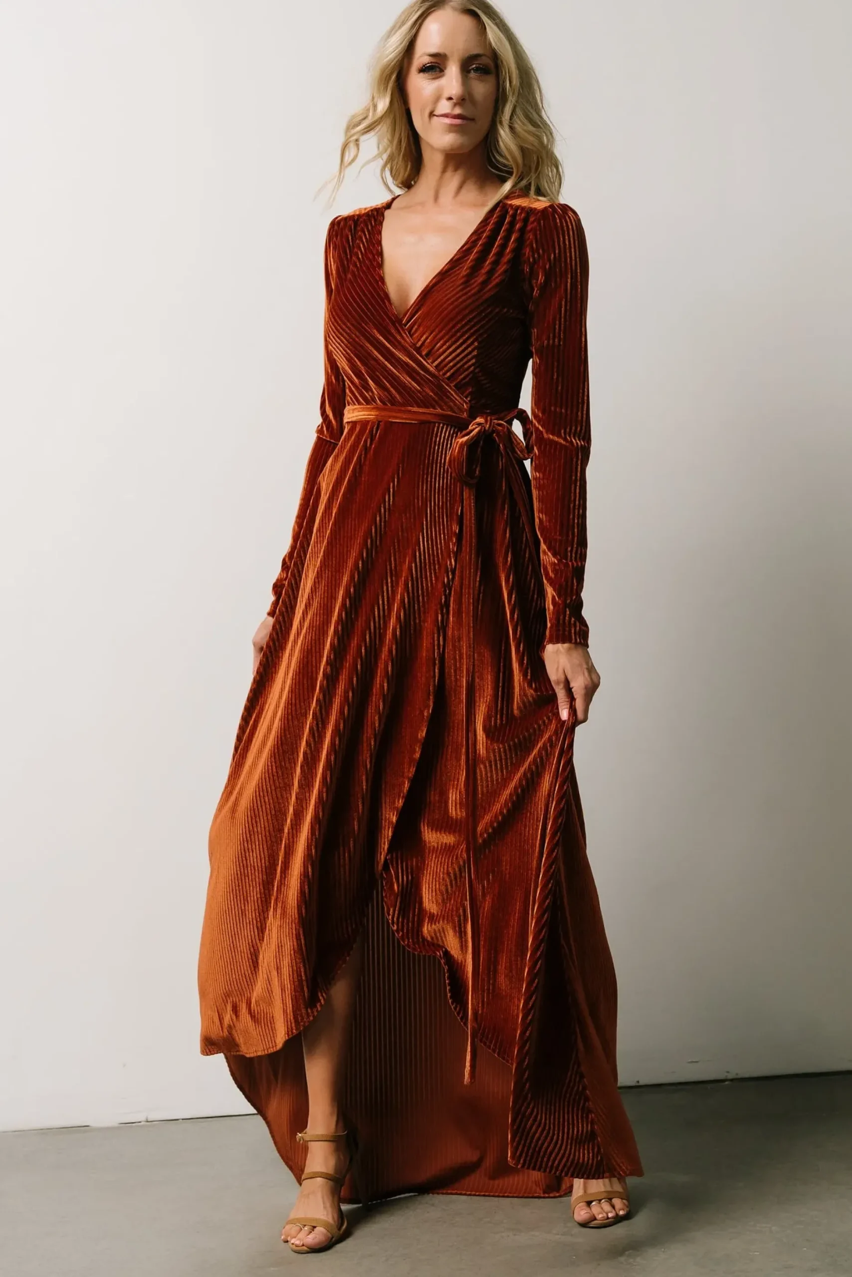 Baltic Born SALE|Jada Ribbed Velvet Wrap Dress | Copper