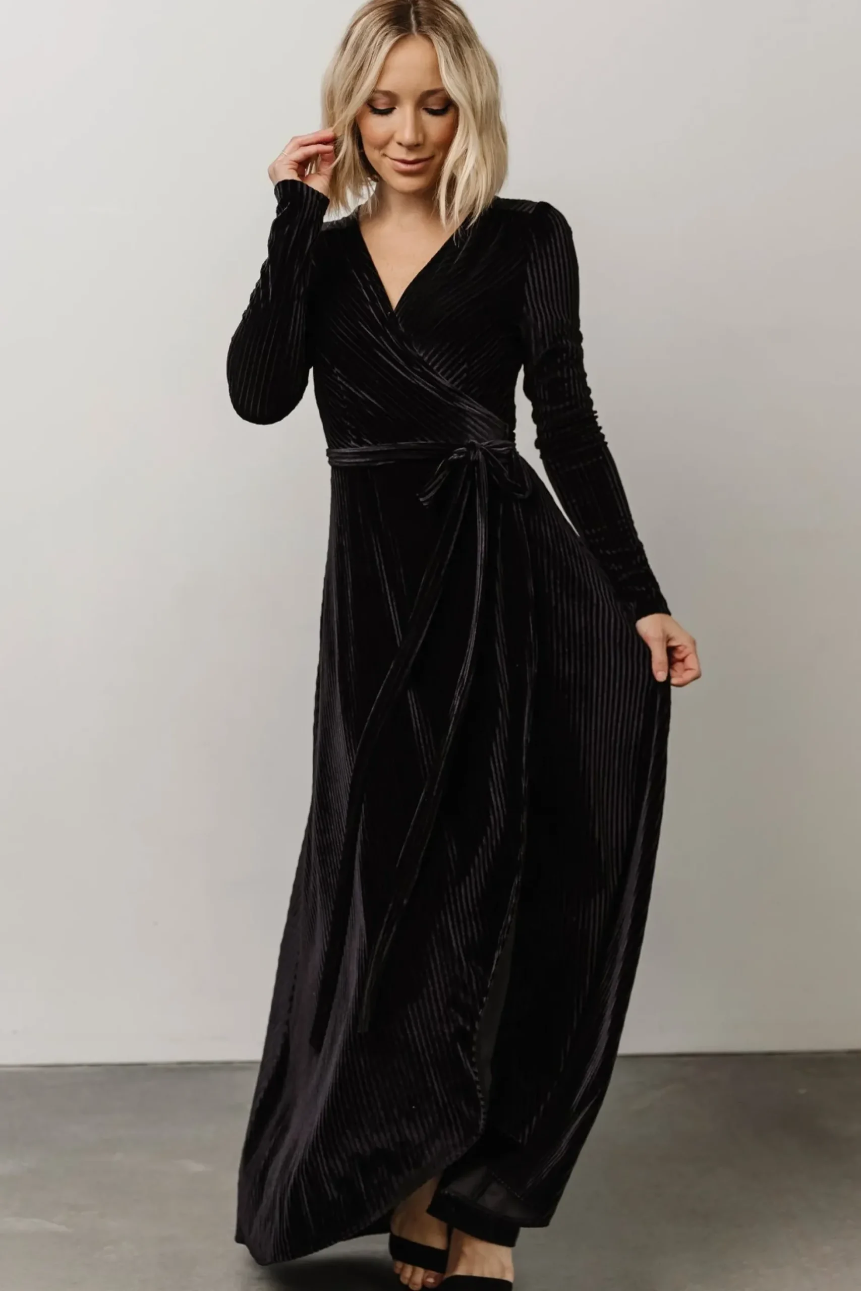 Baltic Born SALE|Jada Ribbed Velvet Wrap Dress | Black