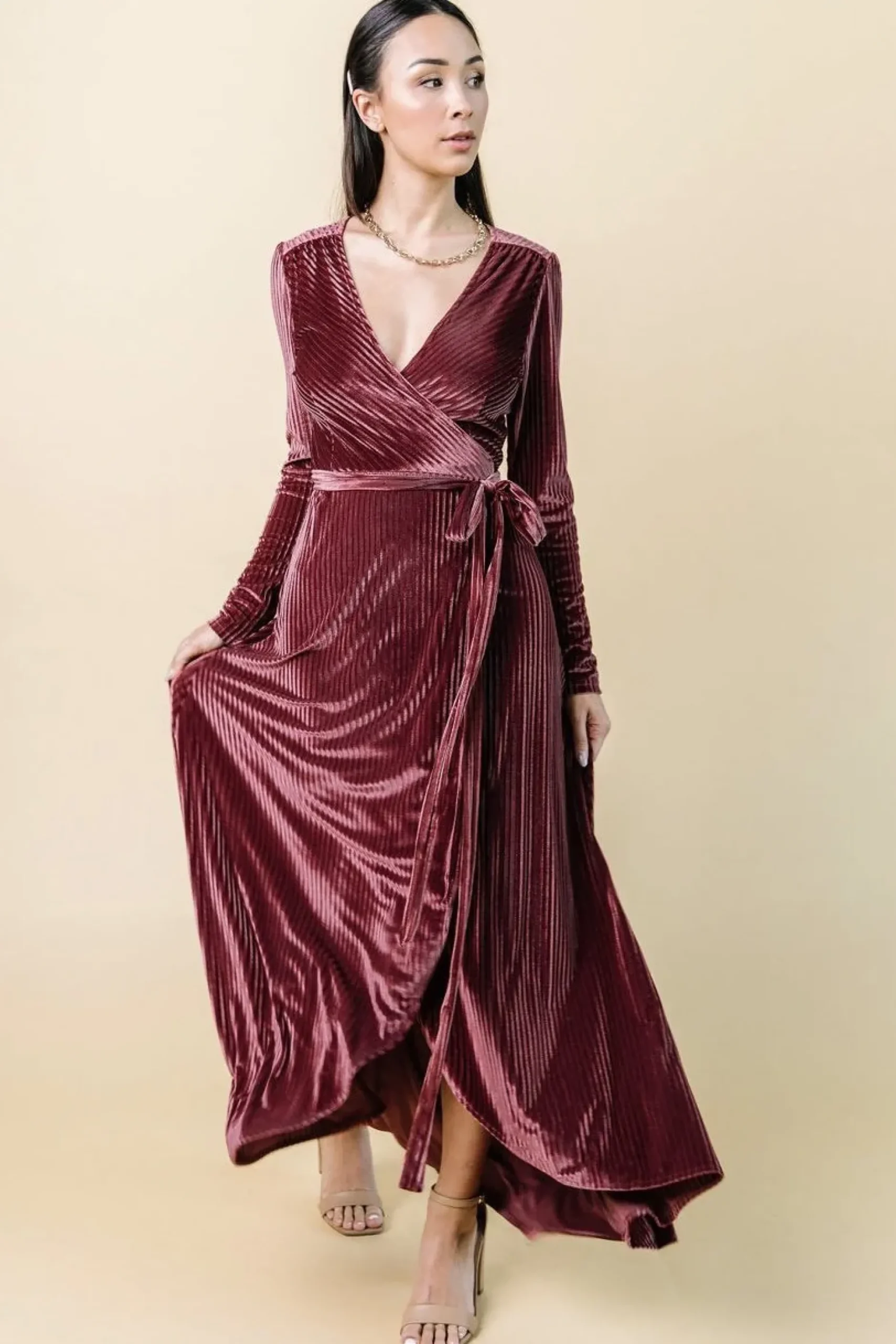 Baltic Born SALE|Jada Ribbed Velvet Wrap Dress | Dark Rose