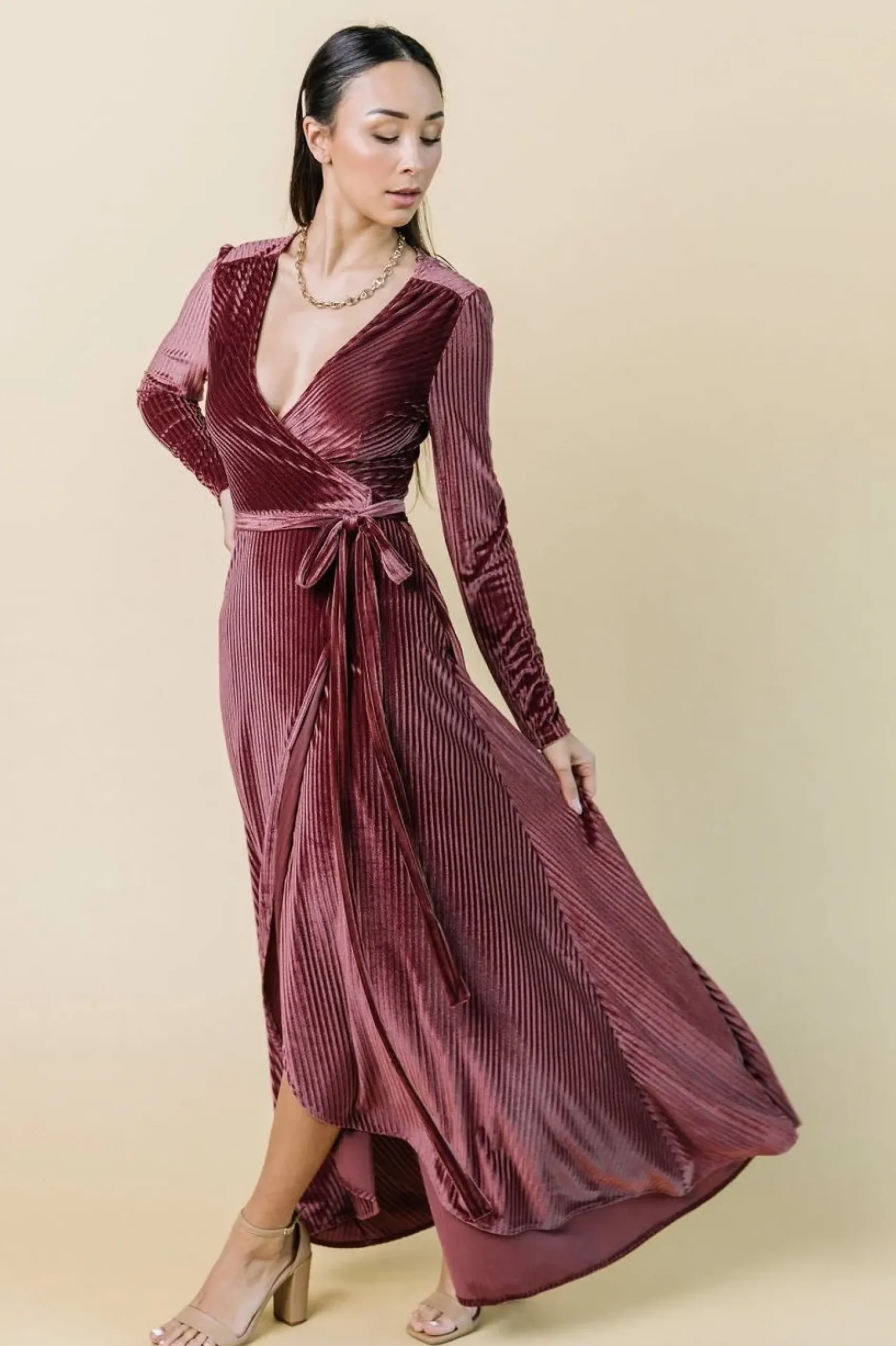 Baltic Born SALE|Jada Ribbed Velvet Wrap Dress | Dark Rose