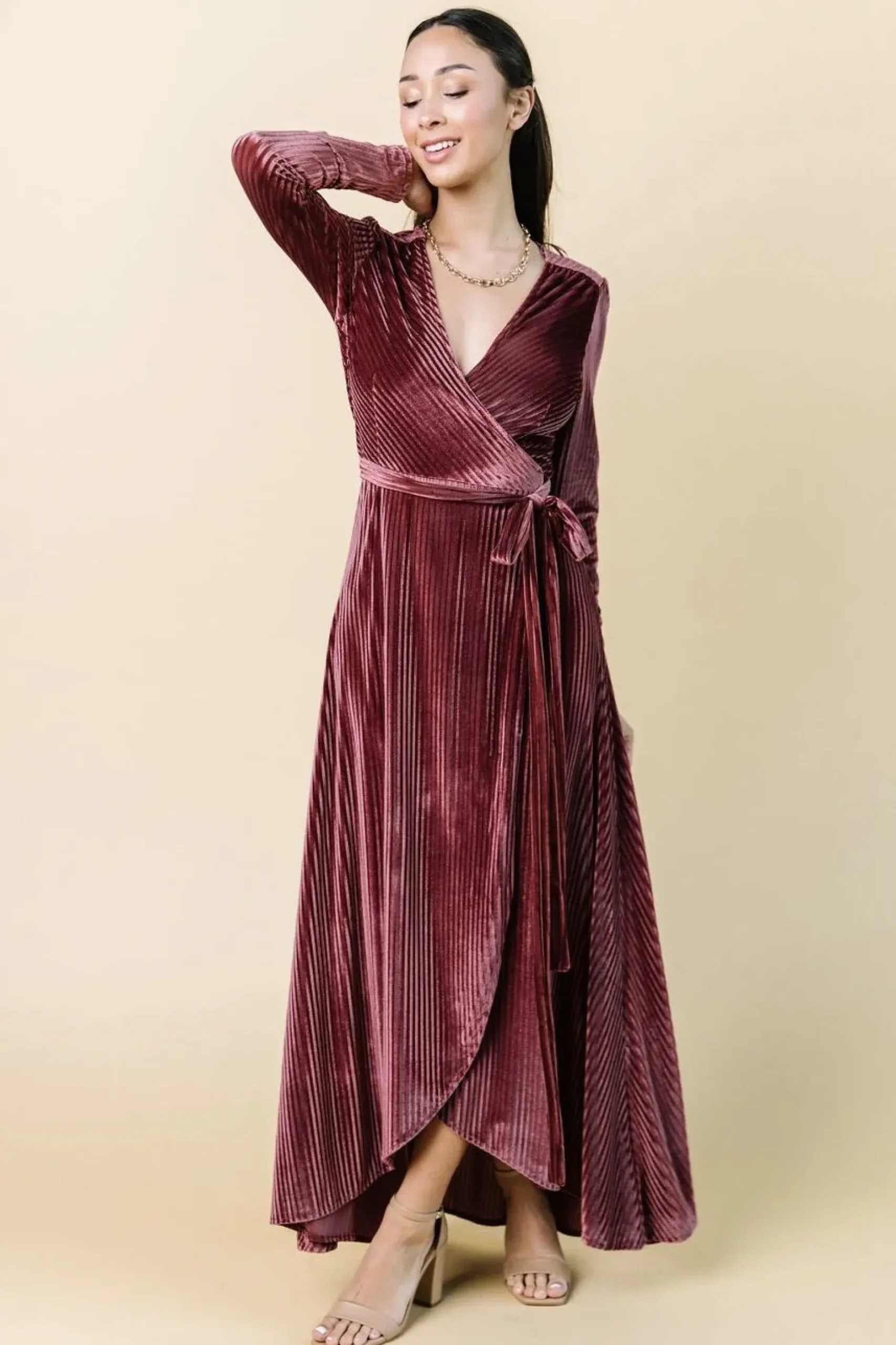 Baltic Born SALE|Jada Ribbed Velvet Wrap Dress | Dark Rose