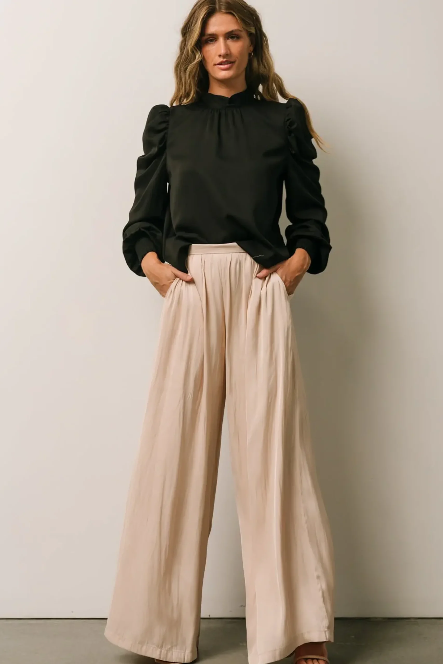 Baltic Born pants|WINTER ESSENTIALS|Jayla Palazzo Satin Pant | Champagne