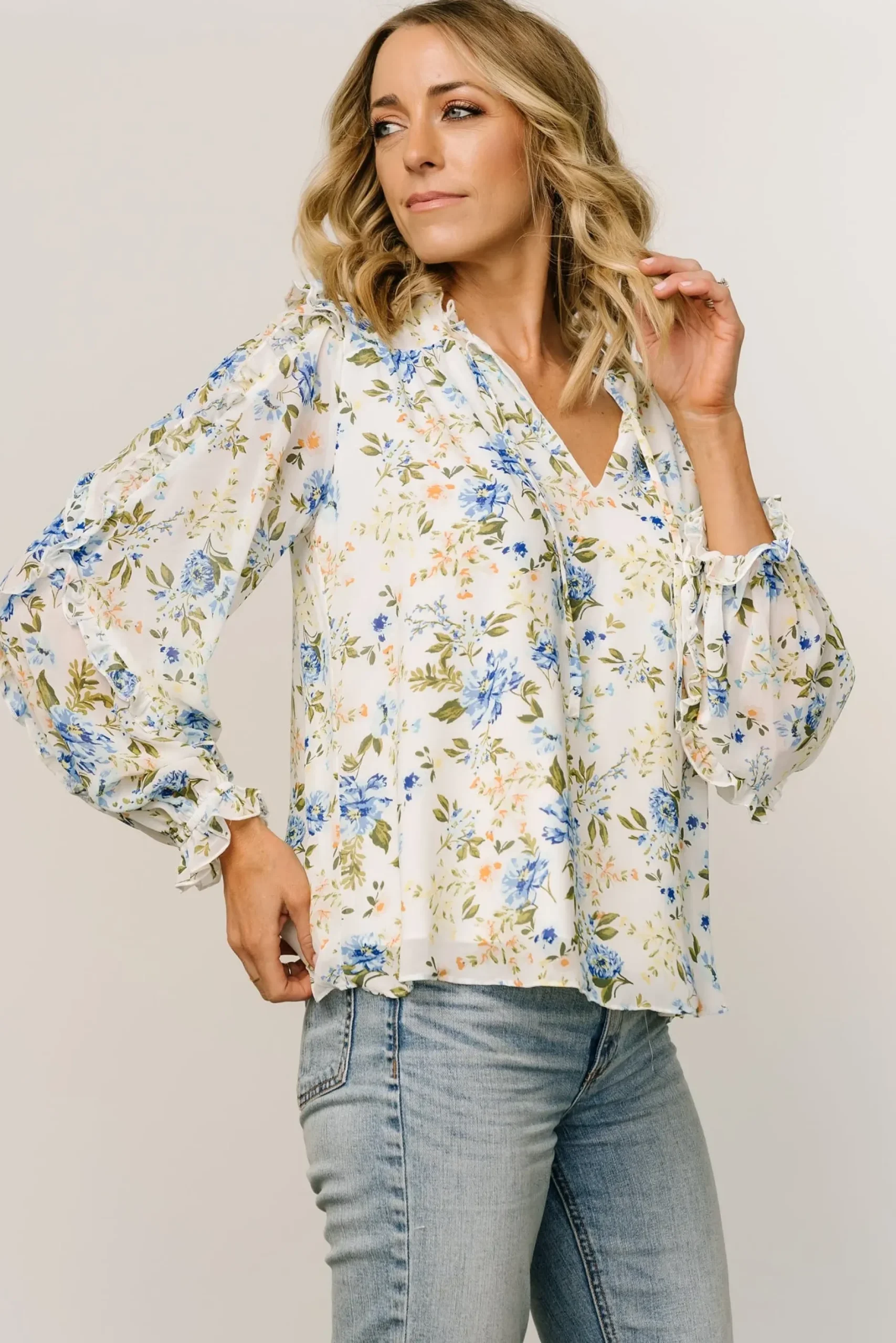 Baltic Born blouses + shirts|Karlie Long Sleeve Ruffle Top | Blue Floral