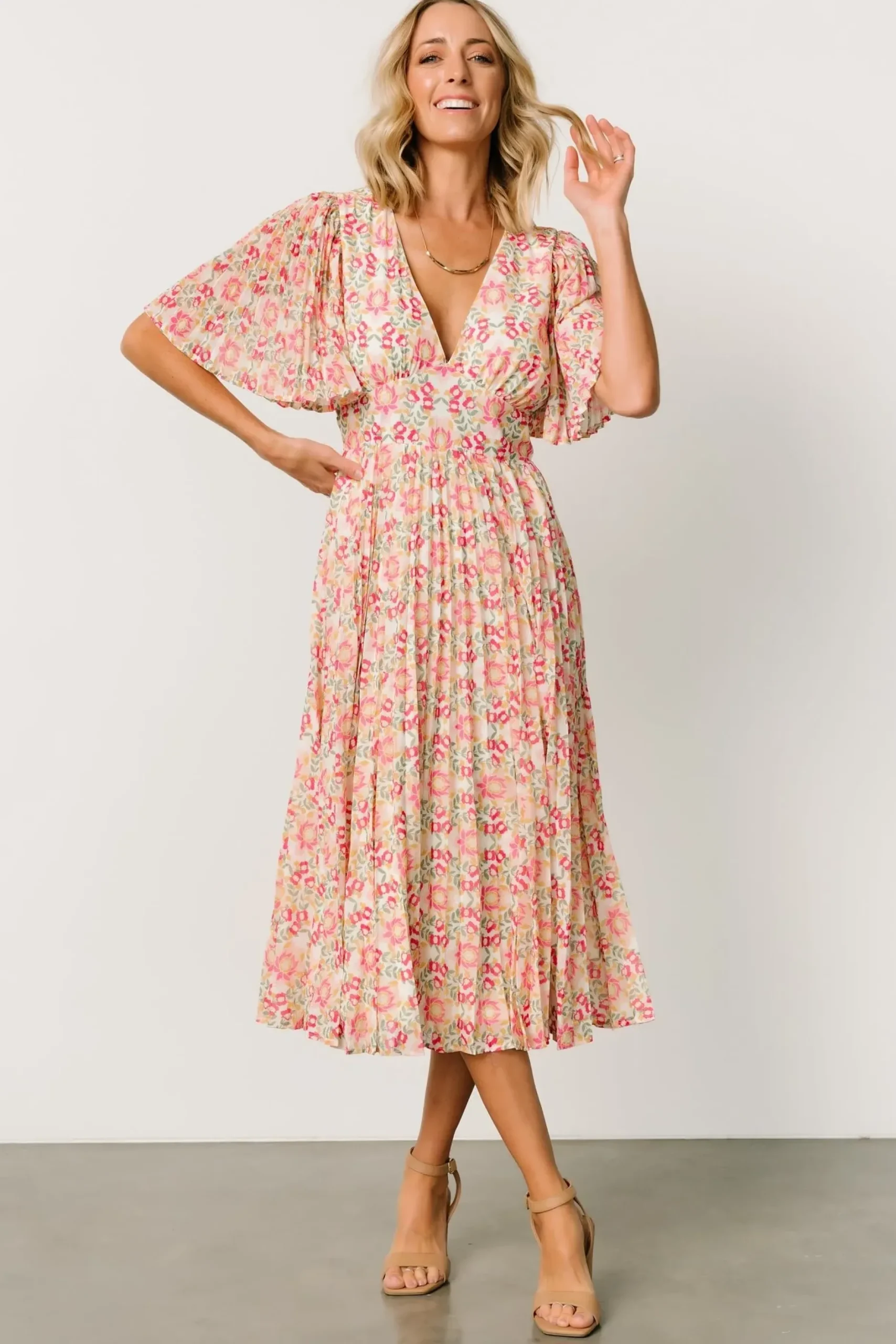 Baltic Born SALE|Kaya Midi Dress | Ivory + Pink Floral