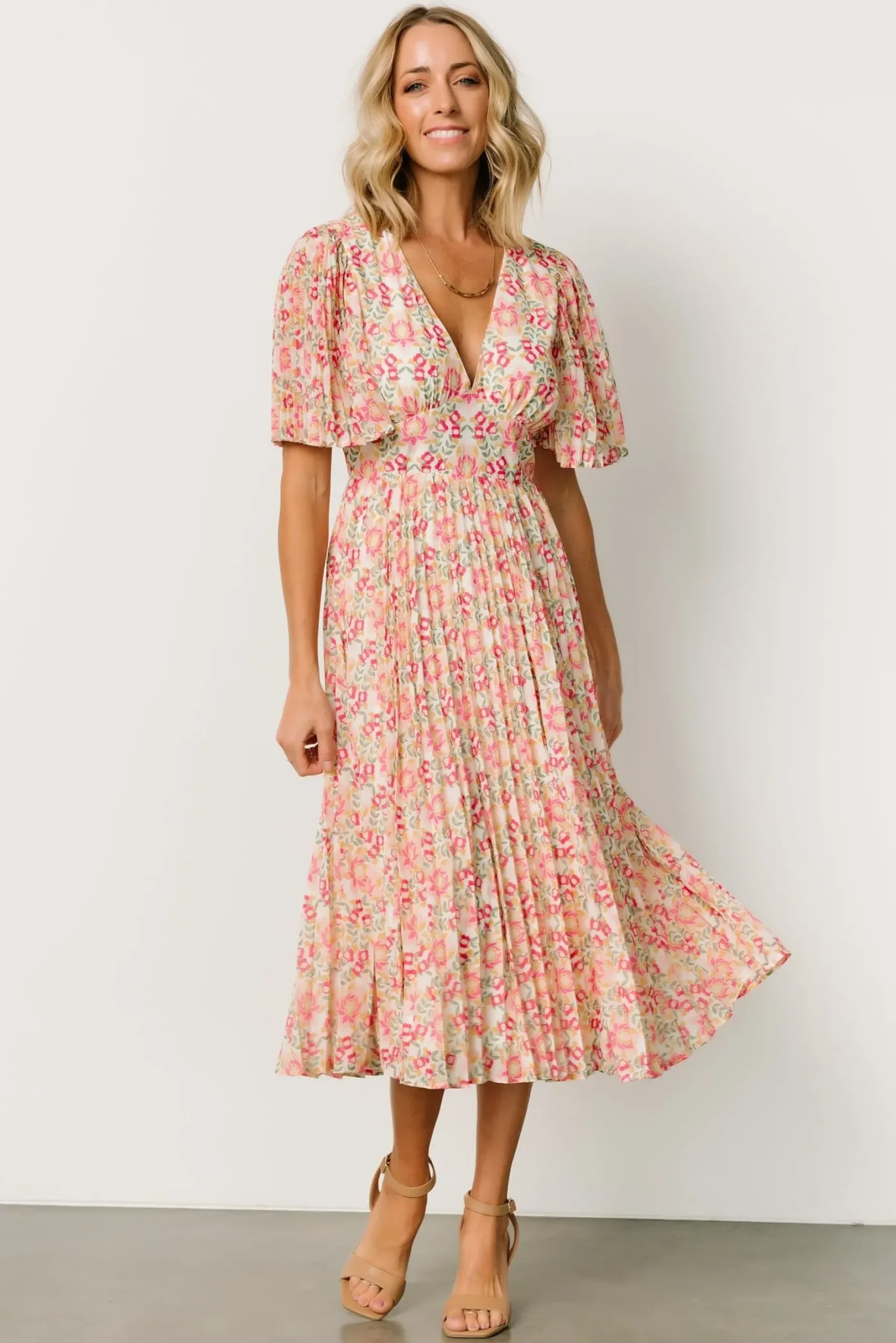 Baltic Born SALE|Kaya Midi Dress | Ivory + Pink Floral