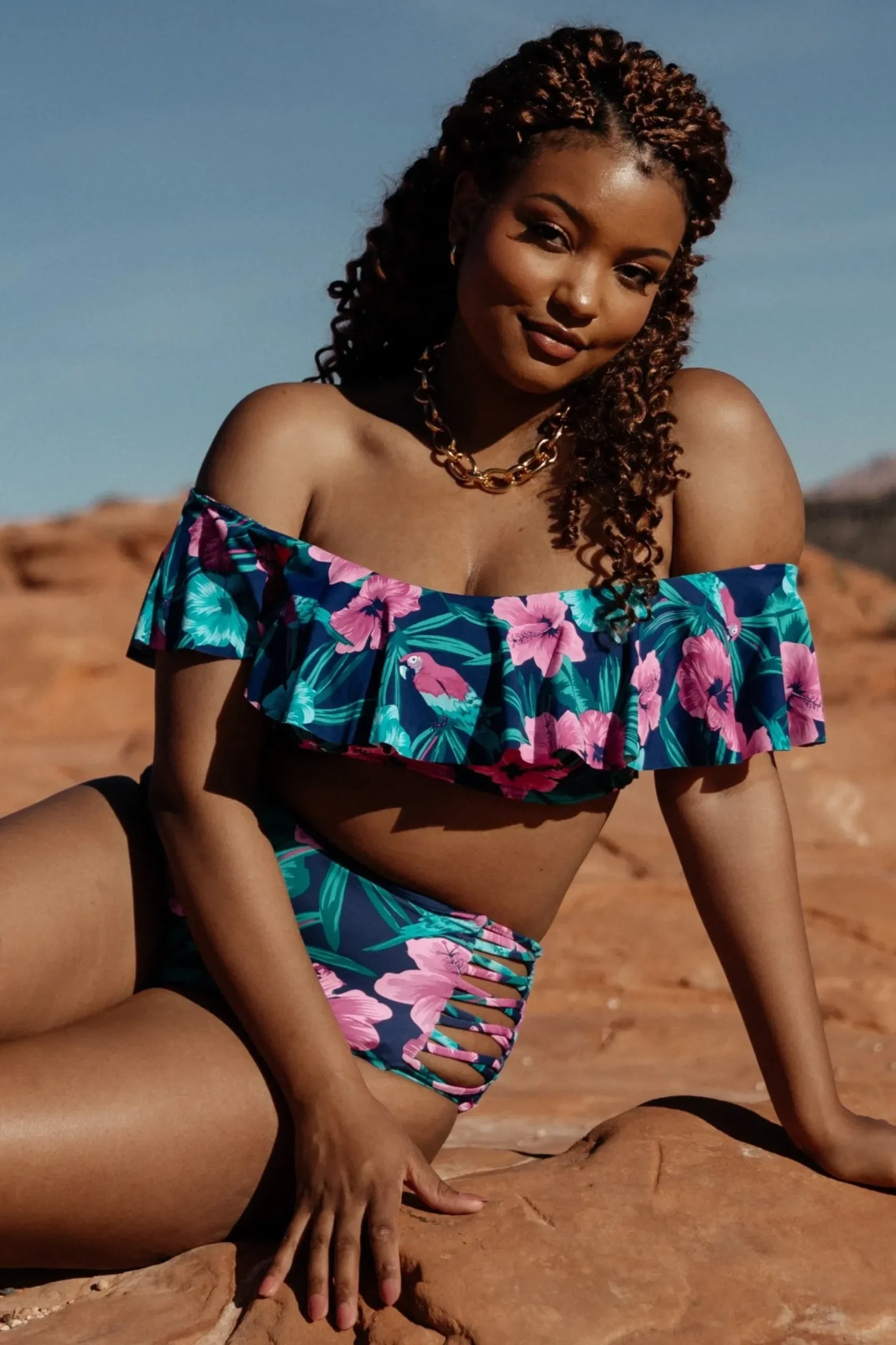 Baltic Born bikini|Keke Off Shoulder Bikini Top | Navy Tropical Floral