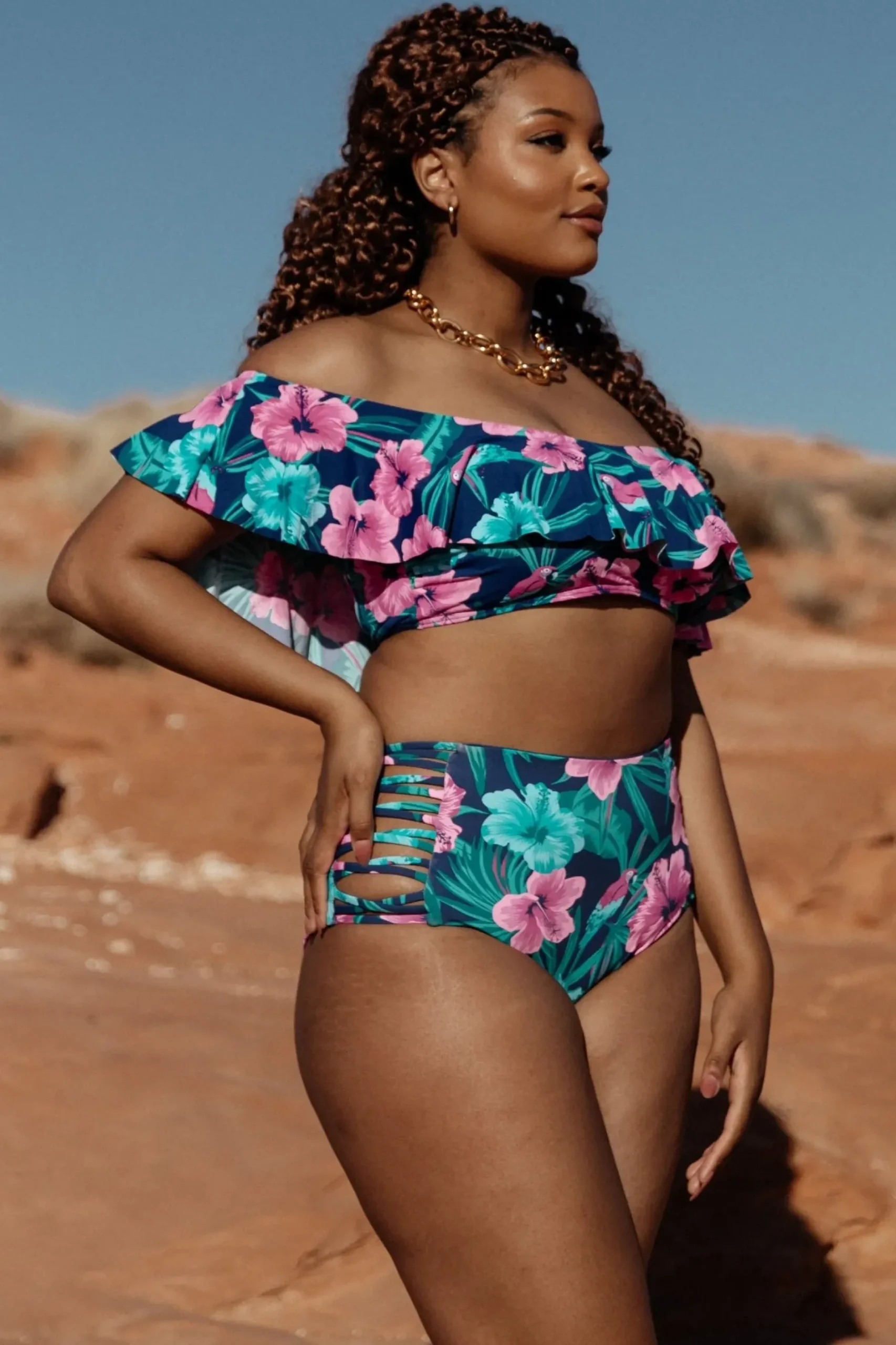 Baltic Born bikini|Keke Off Shoulder Bikini Top | Navy Tropical Floral