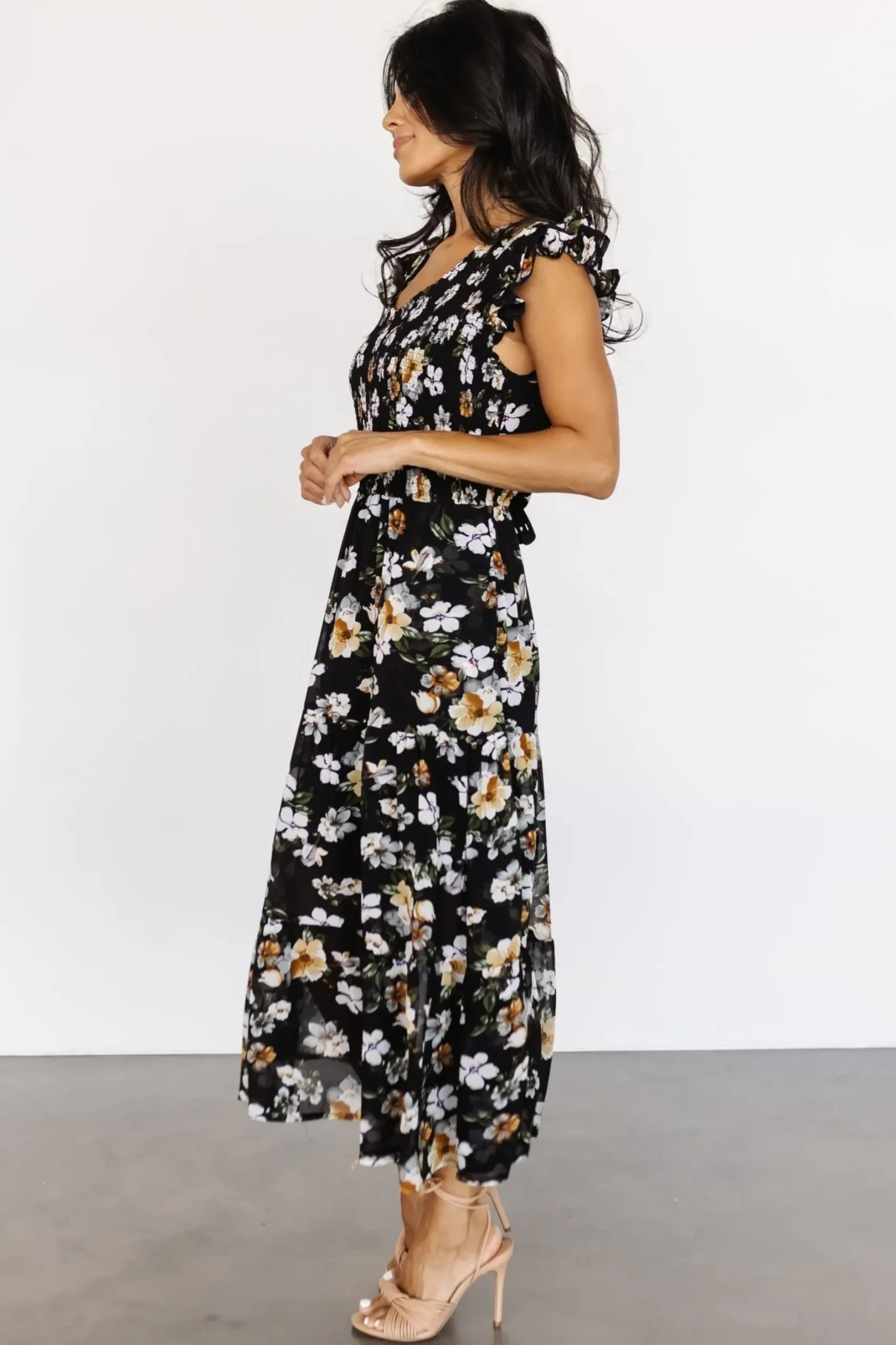 Baltic Born midi dresses|EXTENDED SIZING|Kenna Smocked Midi Dress | Black Floral