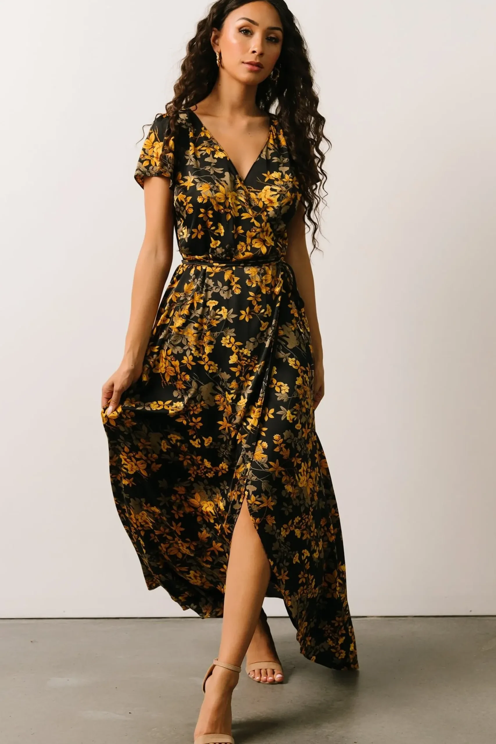 Baltic Born SALE|Krystal Satin Wrap Gown | Black + Gold Floral