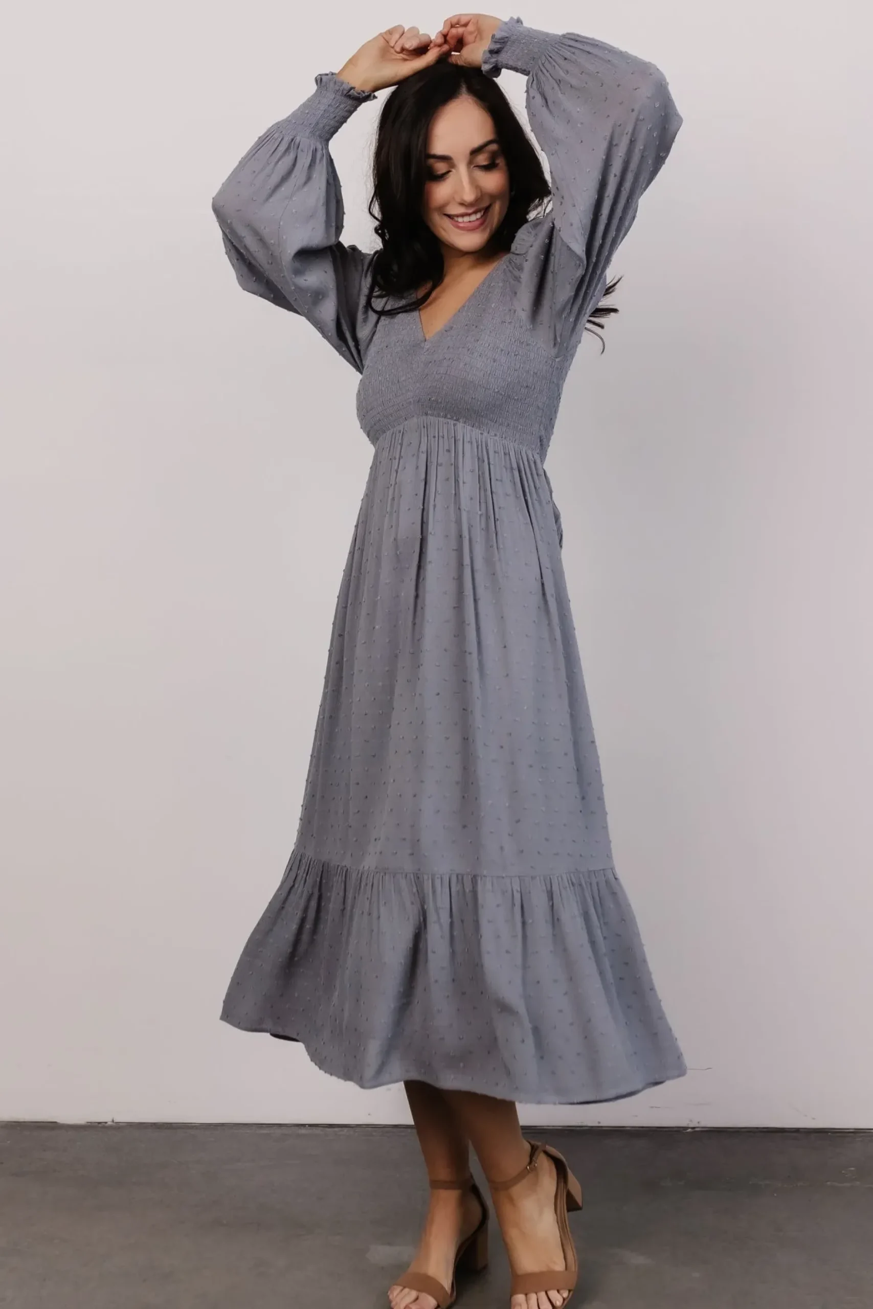 Baltic Born midi dresses|bump friendly|Lainey Smocked Dotted Midi Dress | Dusty Blue