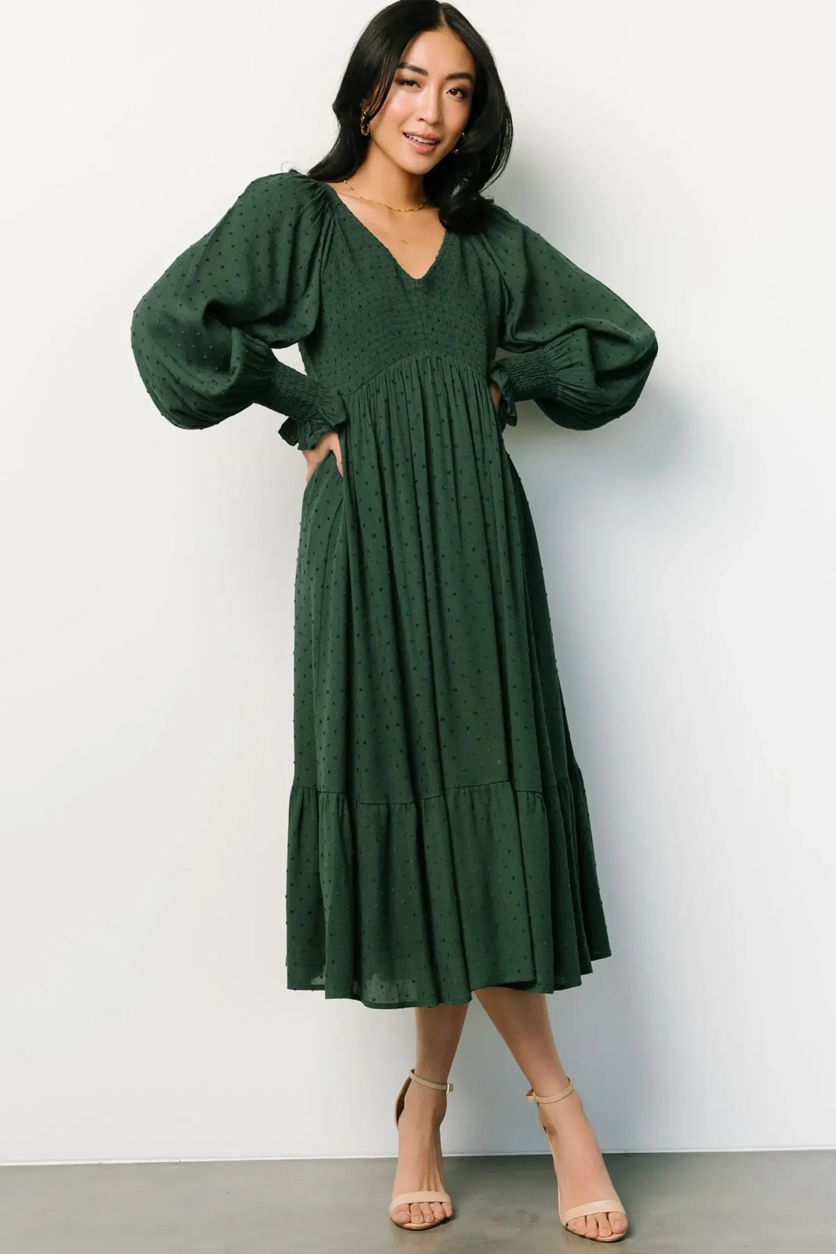 Baltic Born midi dresses|bump friendly|Lainey Smocked Dotted Midi Dress | Evergreen