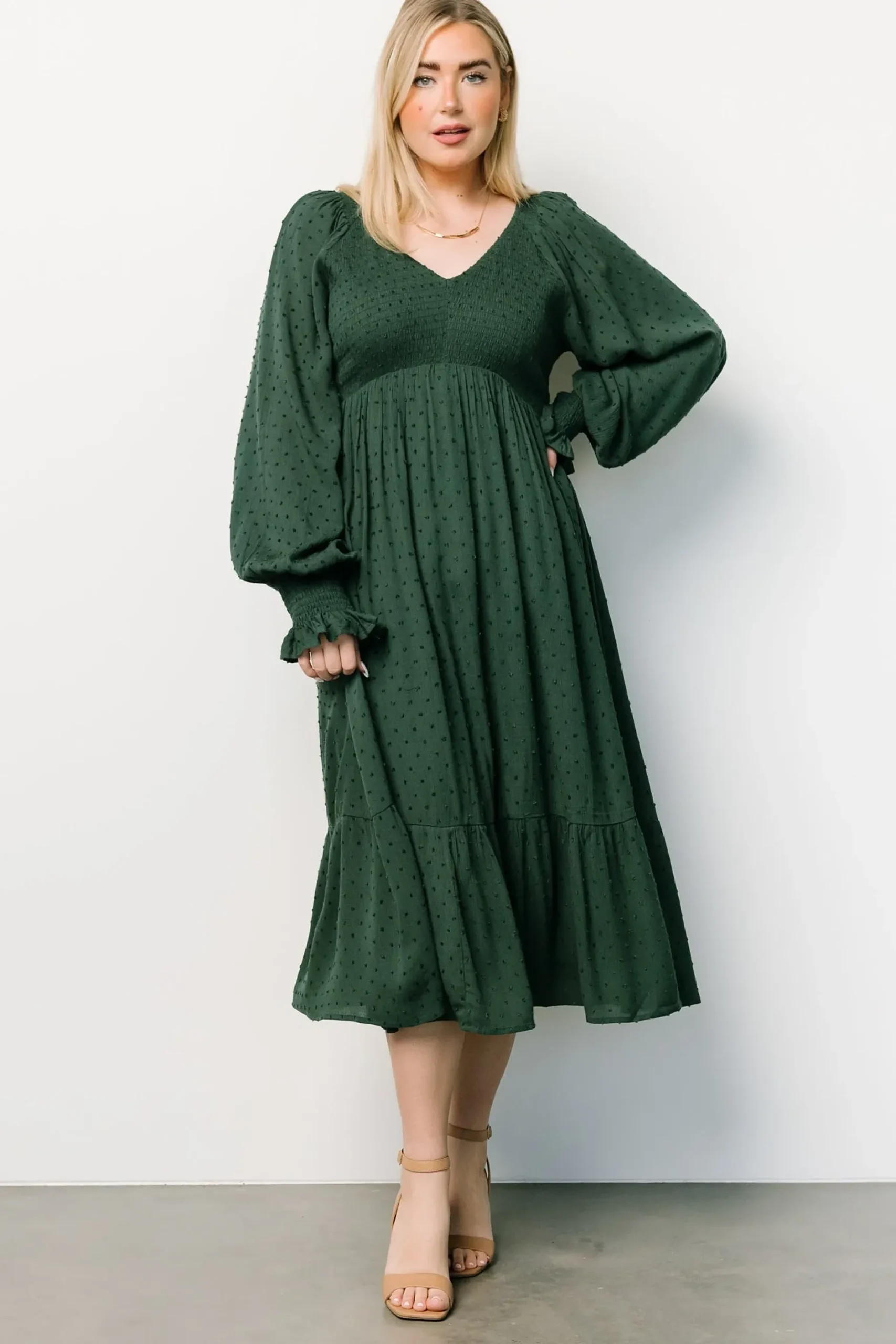 Baltic Born midi dresses|bump friendly|Lainey Smocked Dotted Midi Dress | Evergreen