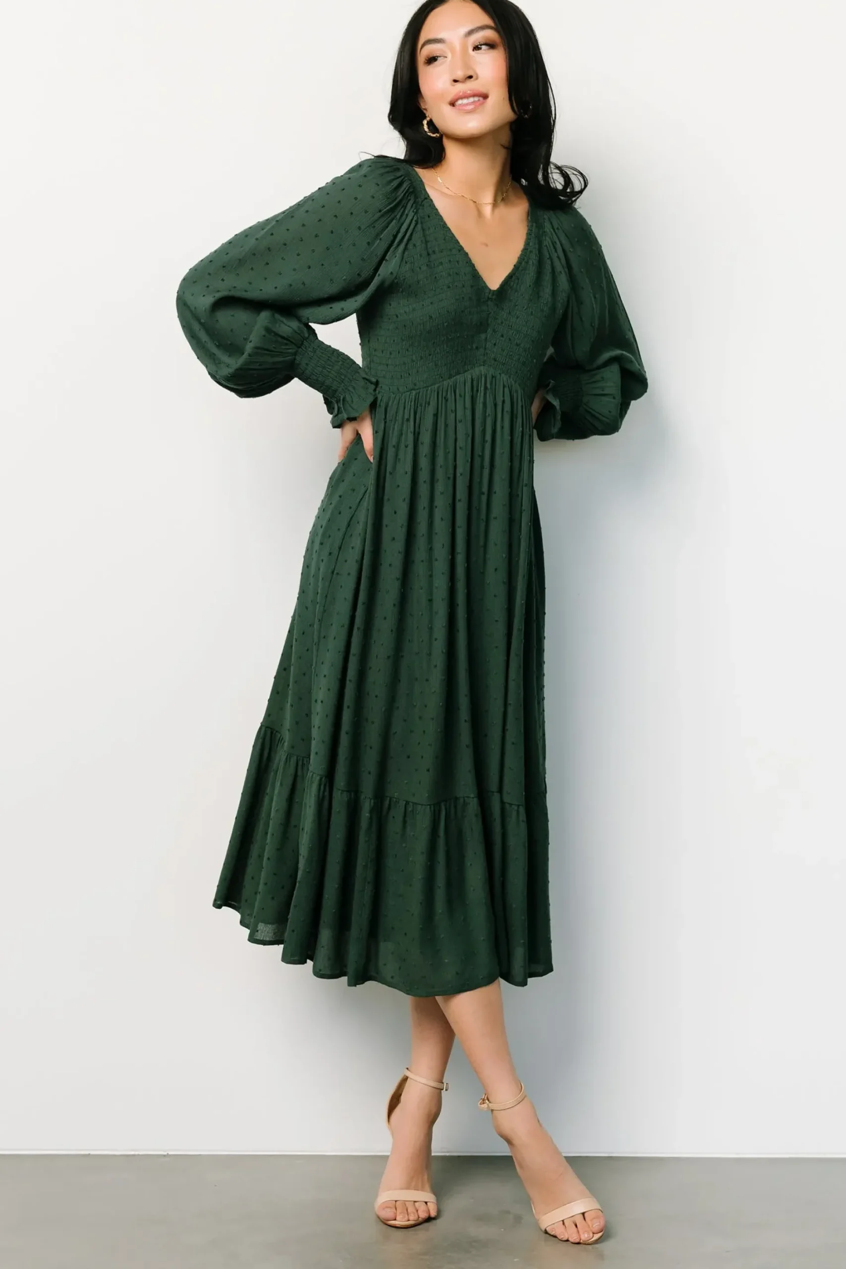 Baltic Born midi dresses|bump friendly|Lainey Smocked Dotted Midi Dress | Evergreen