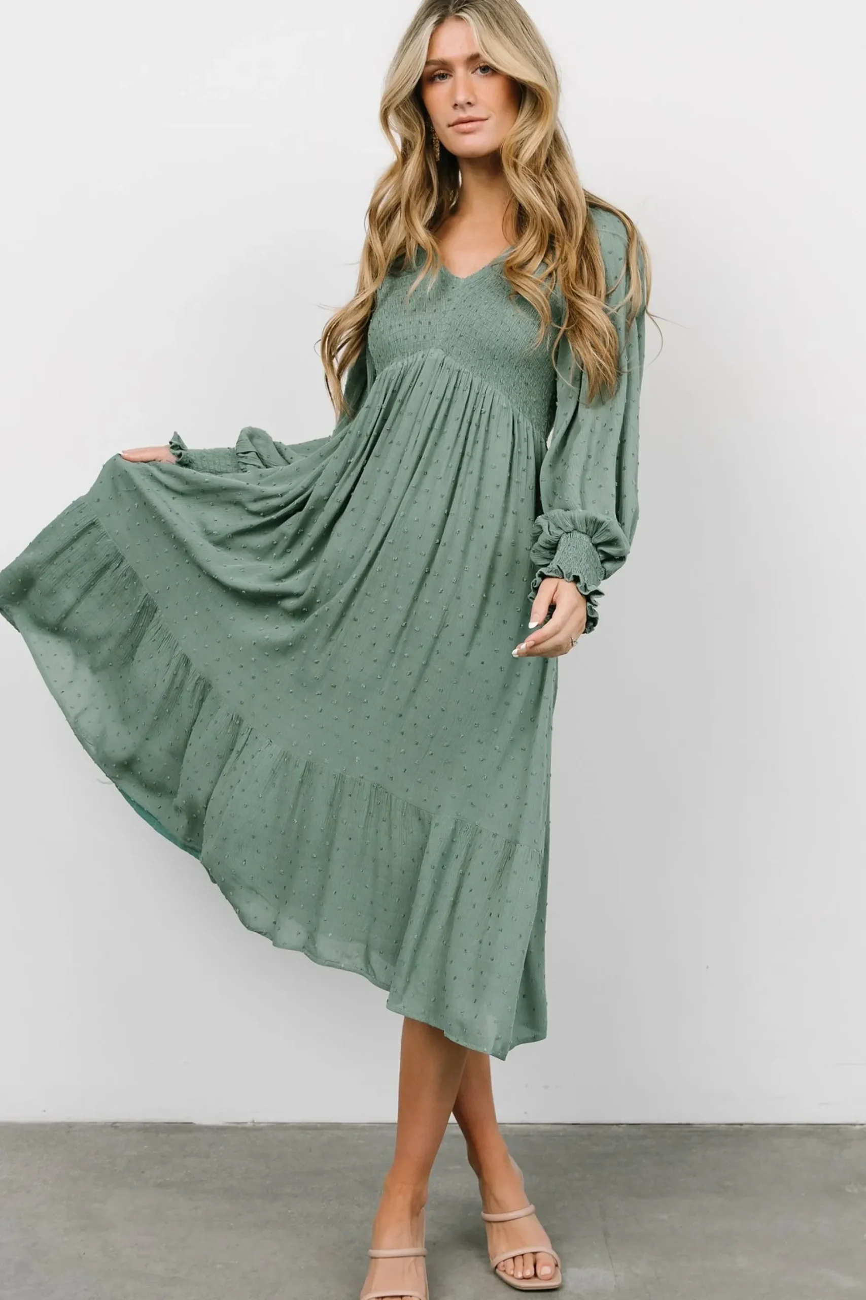 Baltic Born midi dresses|bump friendly|Lainey Smocked Dotted Midi Dress | Dark Sage