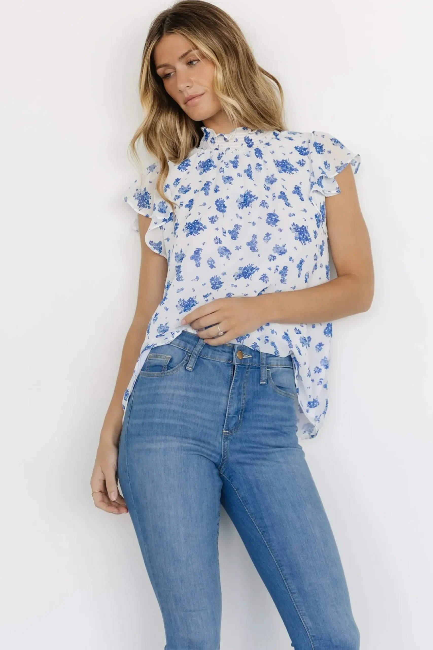 Baltic Born blouses + shirts|Leah Mock Neck Top | White + Blue Floral