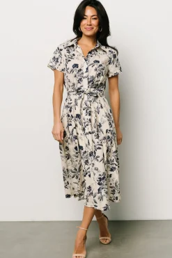 Baltic Born COMING SOON|Lorna Midi Dress | Beige + Navy Print