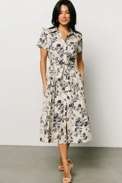 Baltic Born COMING SOON|Lorna Midi Dress | Beige + Navy Print