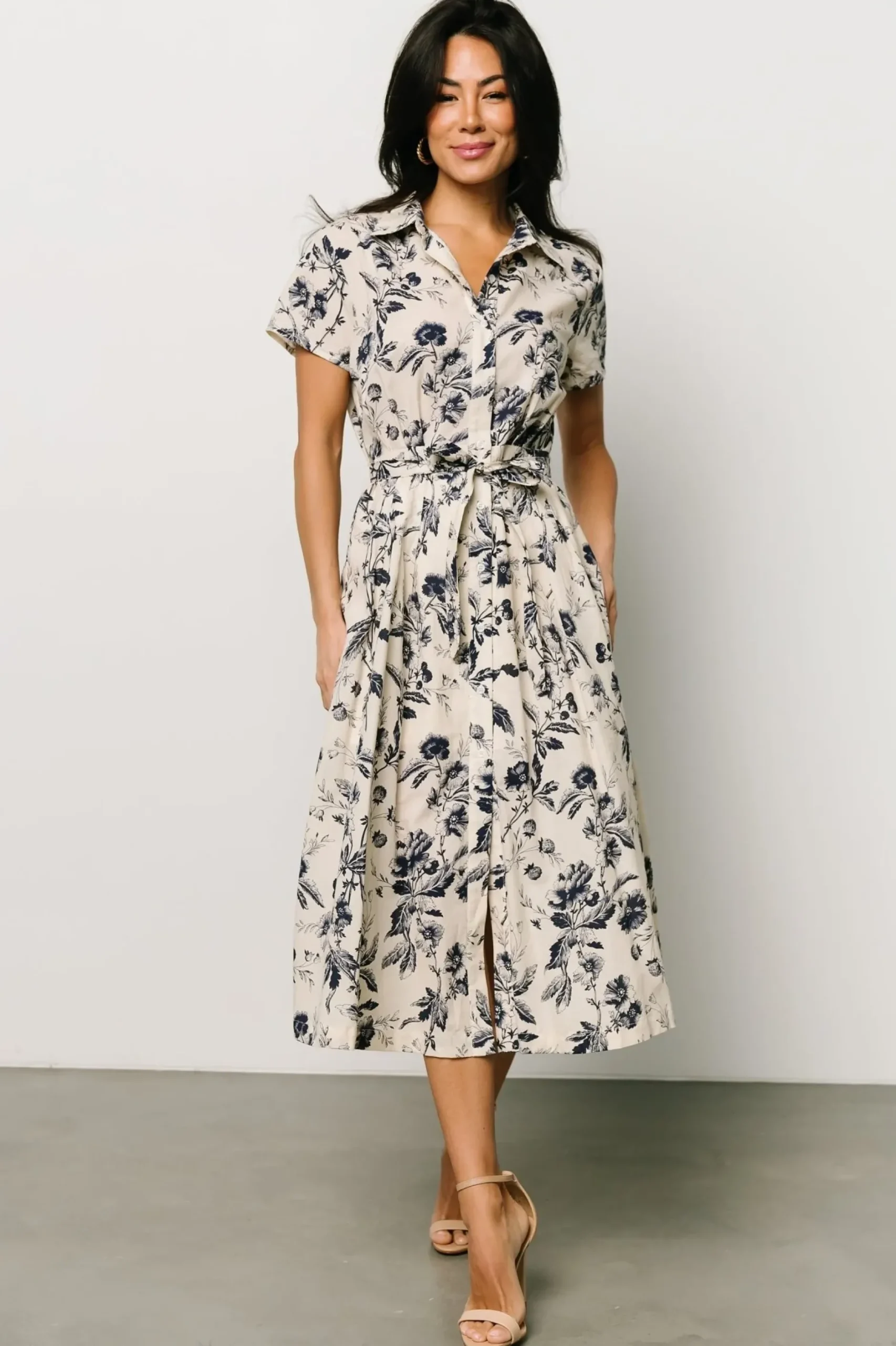 Baltic Born COMING SOON|Lorna Midi Dress | Beige + Navy Print