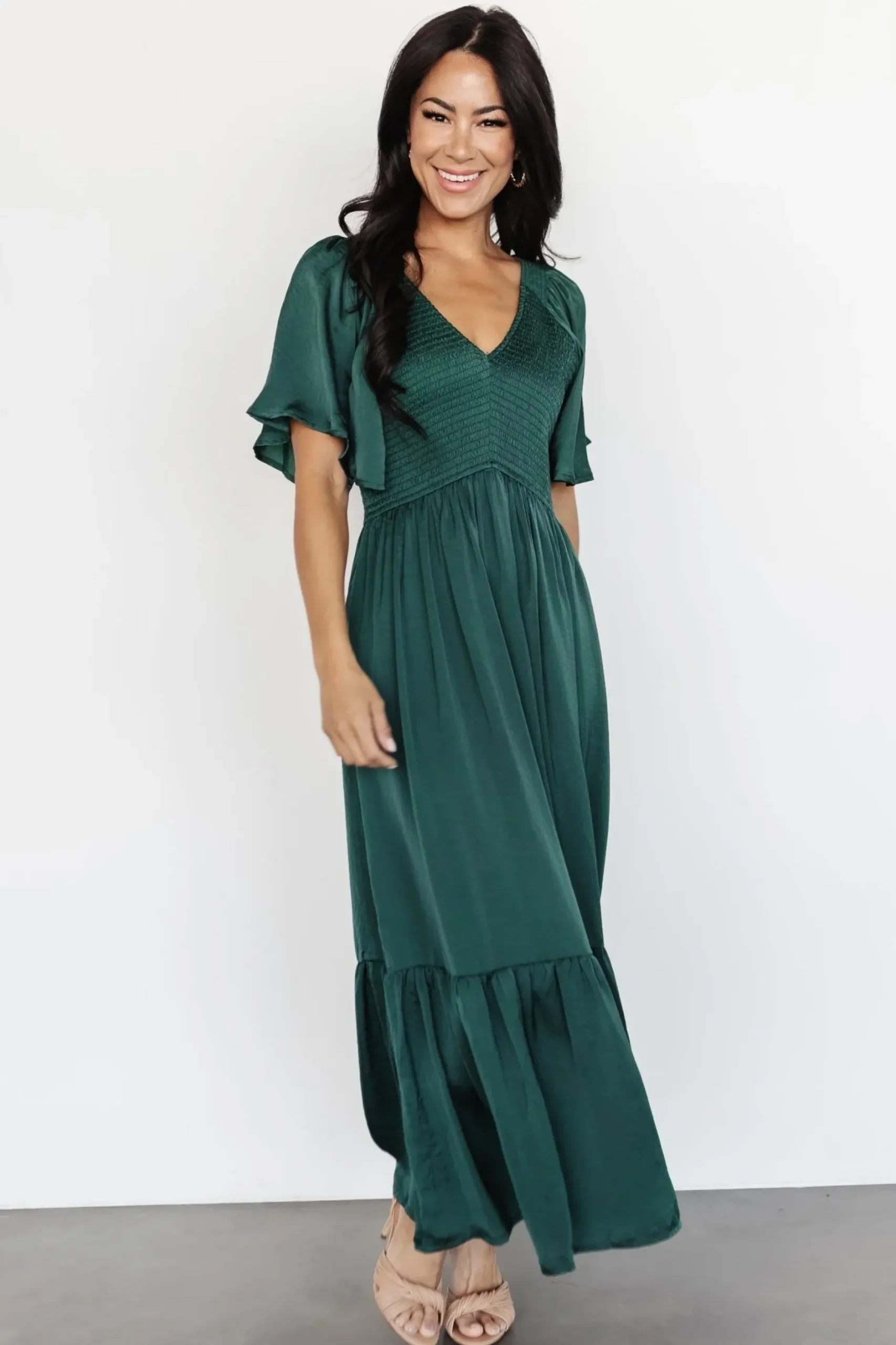 Baltic Born midi dresses|WINTER ESSENTIALS|Lovell Smocked Midi Dress | Emerald