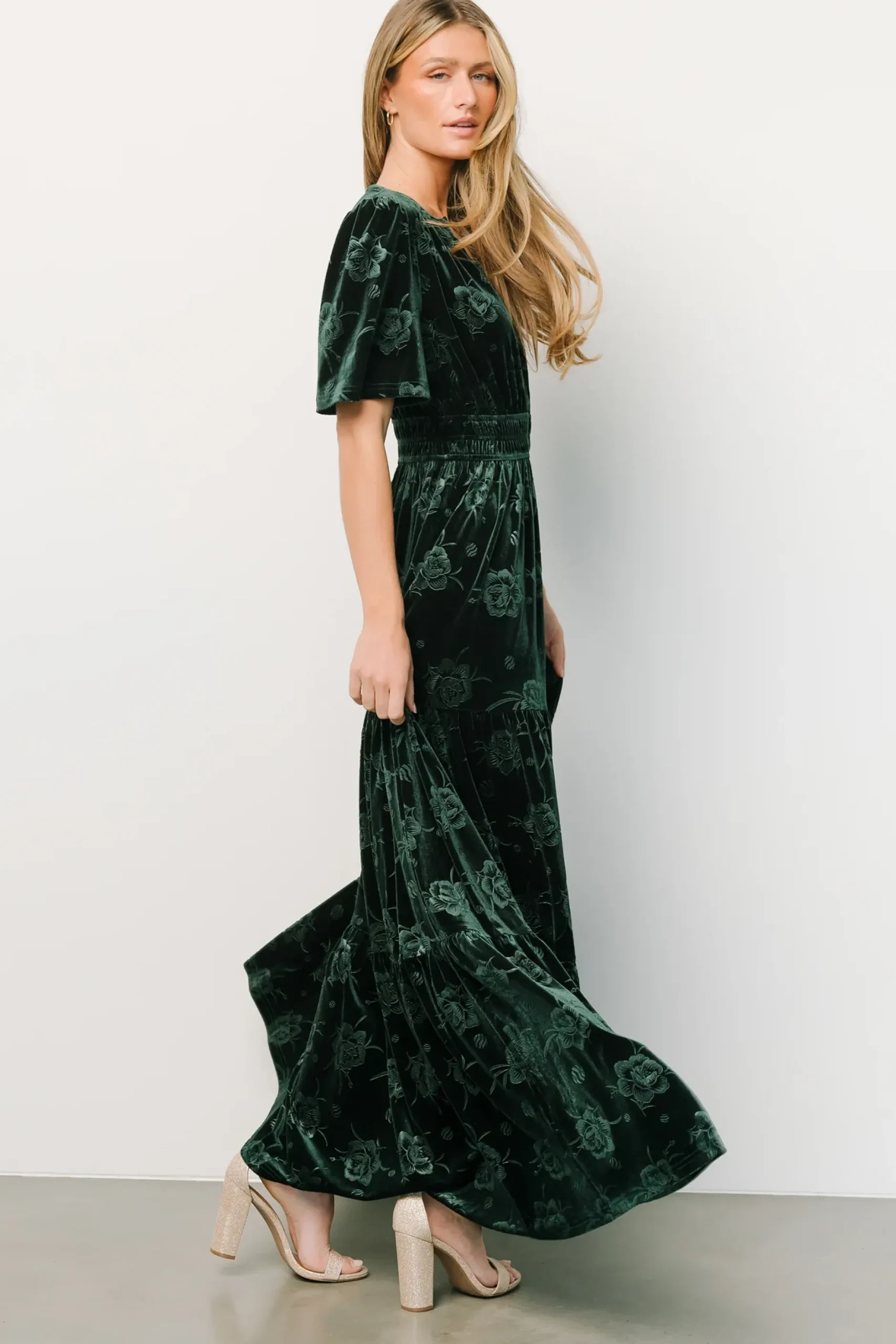 Baltic Born WINTER ESSENTIALS|Magliato Embossed Velvet Maxi Dress | Green
