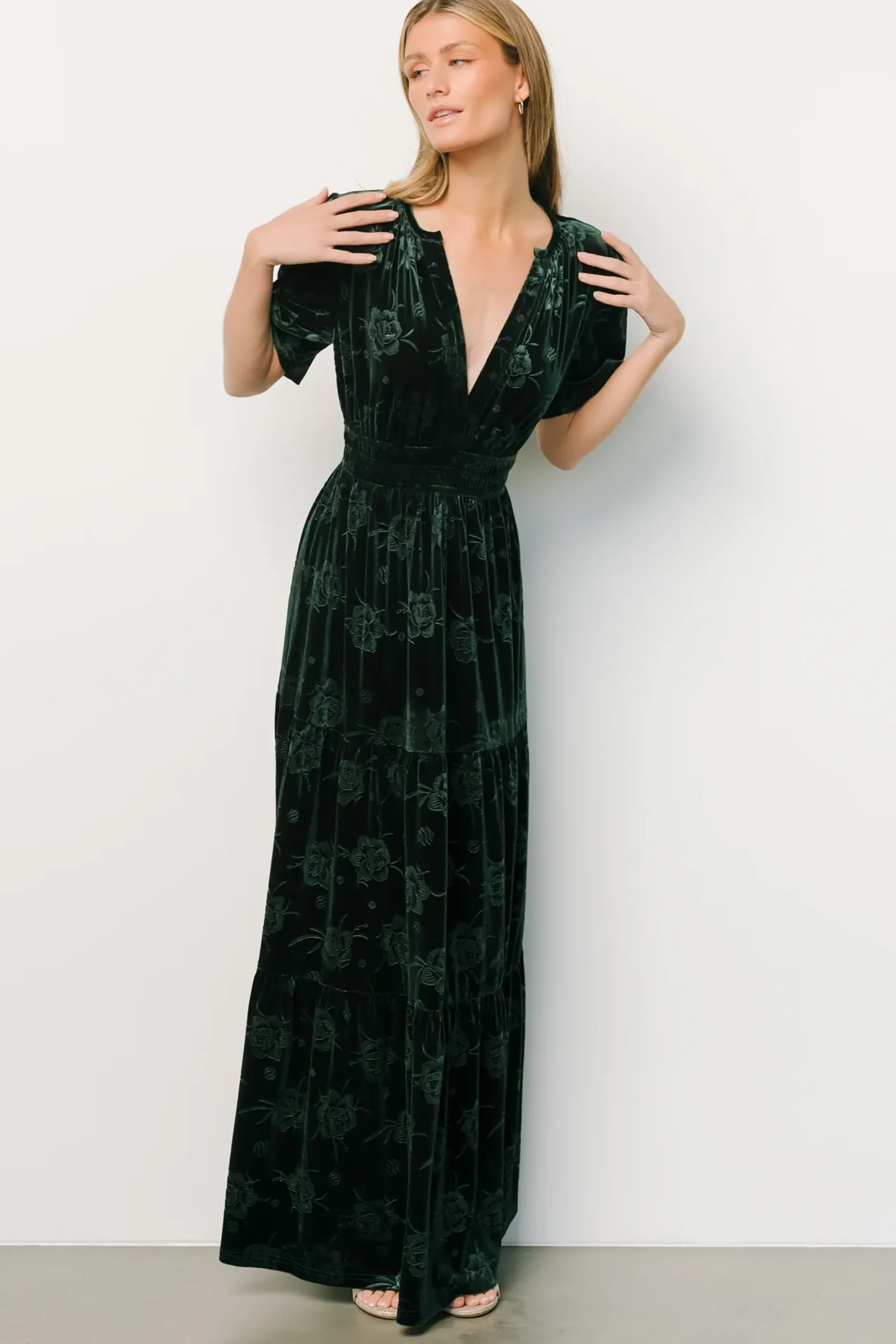 Baltic Born WINTER ESSENTIALS|Magliato Embossed Velvet Maxi Dress | Green