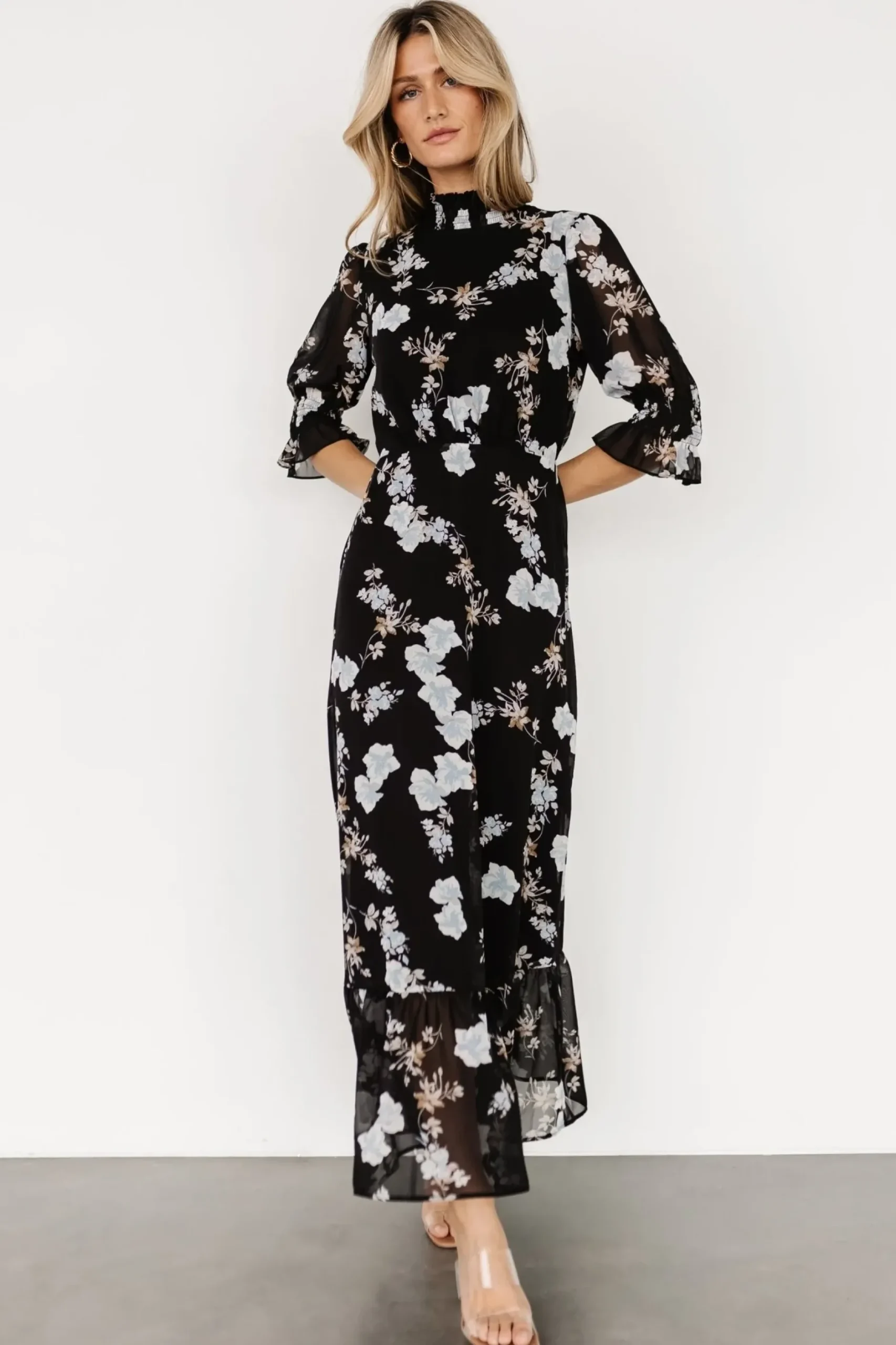 Baltic Born WEDDING SUITE|wedding guest|Marie Mock Neck Maxi Dress | Black Floral