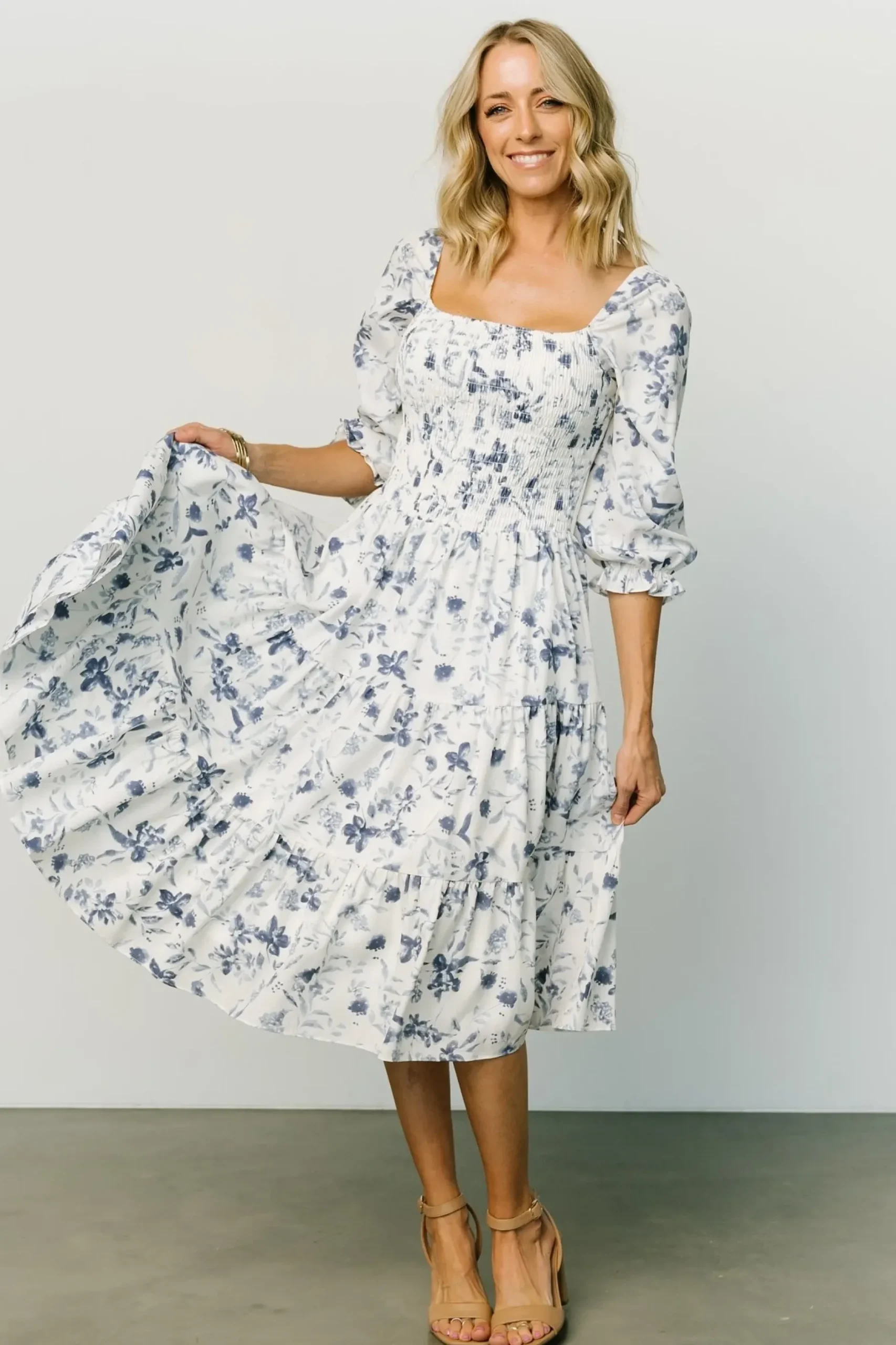 Baltic Born SALE|Marta Smocked Midi Dress | White + Blue