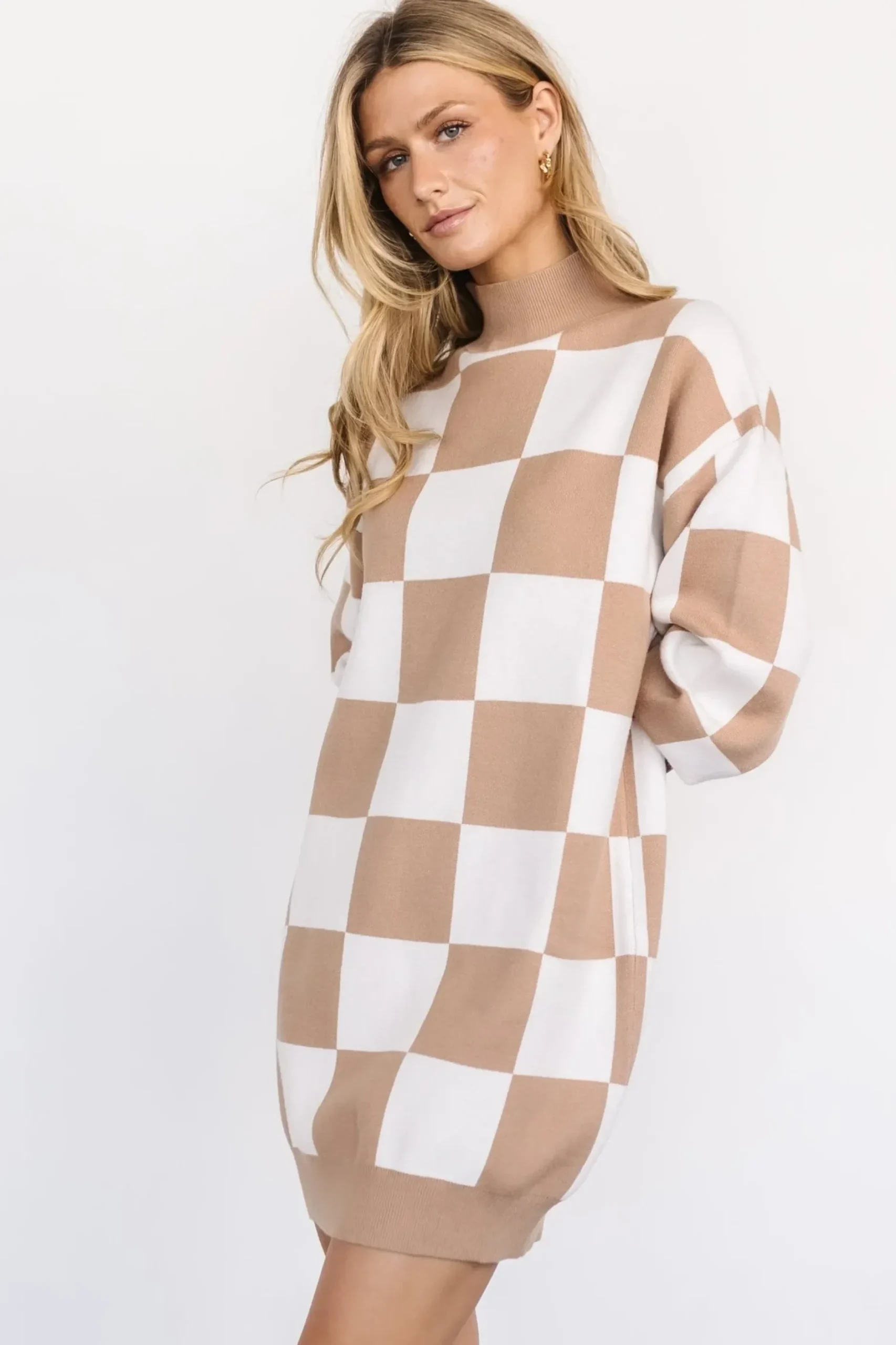 Baltic Born sweaters|Mattie Checkered Sweater Dress | Taupe