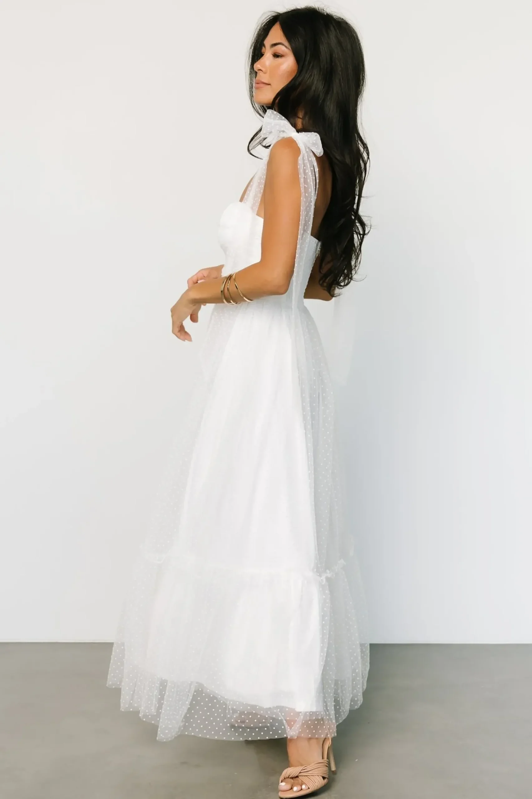 Baltic Born tulle styles|Mavani Swiss Dot Tulle Maxi Dress | White