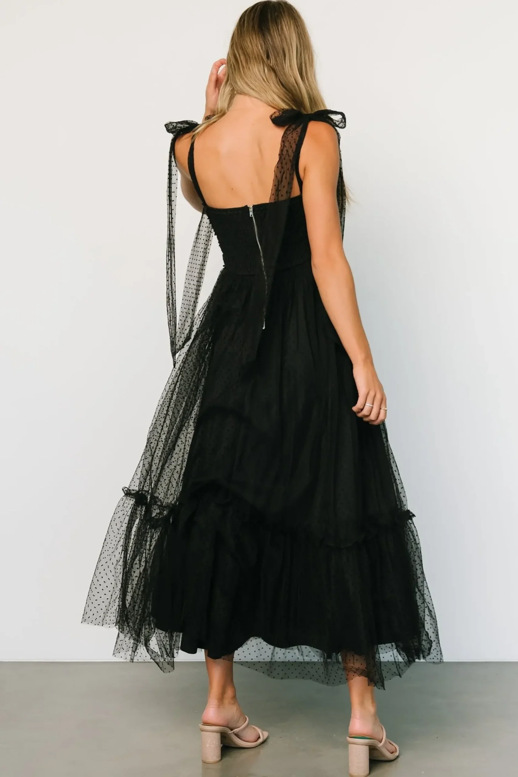 Baltic Born tulle styles|Mavani Swiss Dot Tulle Maxi Dress | Black