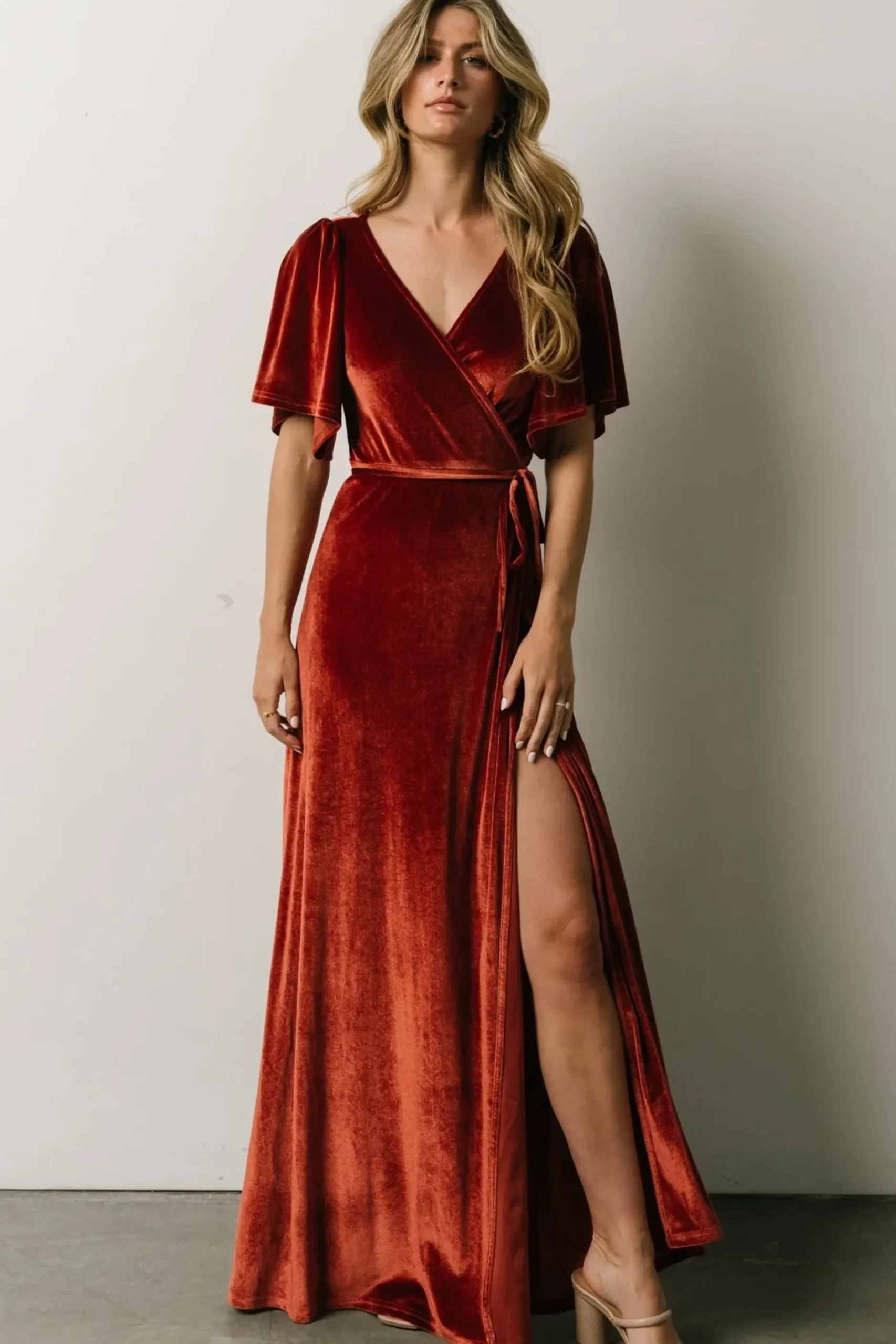 Baltic Born maxi dresses|WEDDING SUITE|Meghan Velvet Wrap Maxi Dress | Terracotta