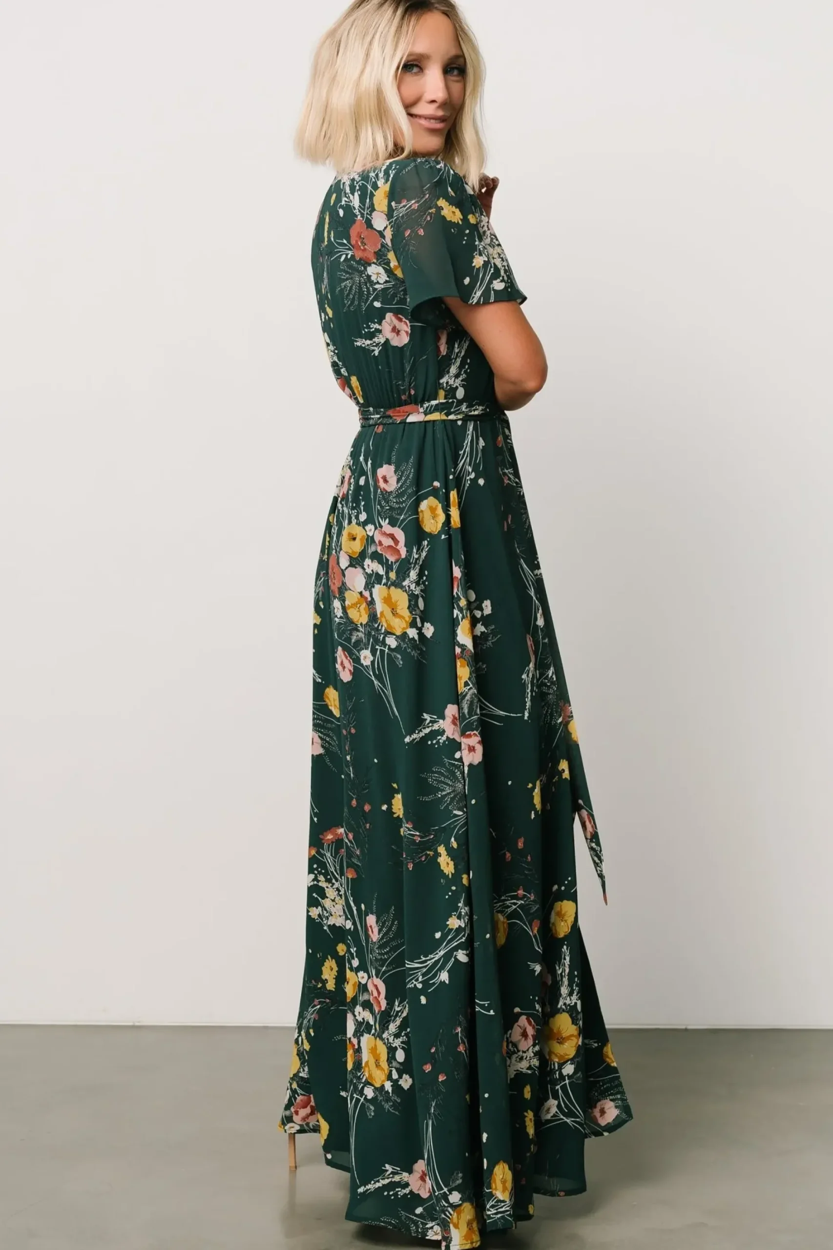 Baltic Born BEST SELLERS|Naomi Short Sleeve Maxi Dress | Dark Green Floral