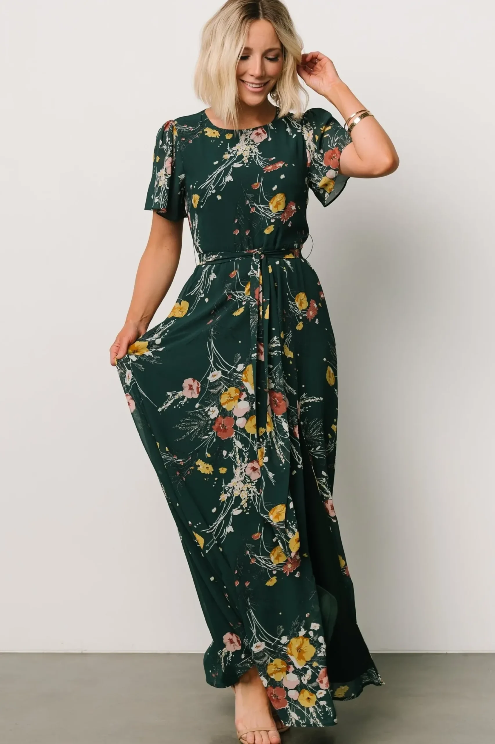 Baltic Born BEST SELLERS|Naomi Short Sleeve Maxi Dress | Dark Green Floral