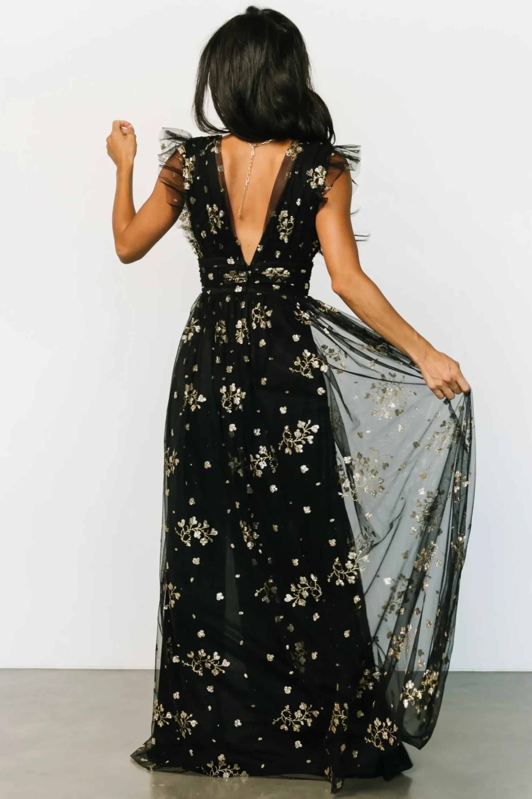 Baltic Born tulle styles|Natalia Floral Embellished Maxi Dress | Black + Gold