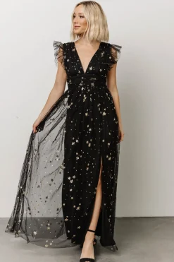 Baltic Born tulle styles|Nova Shimmer Maxi Dress | Black + Gold