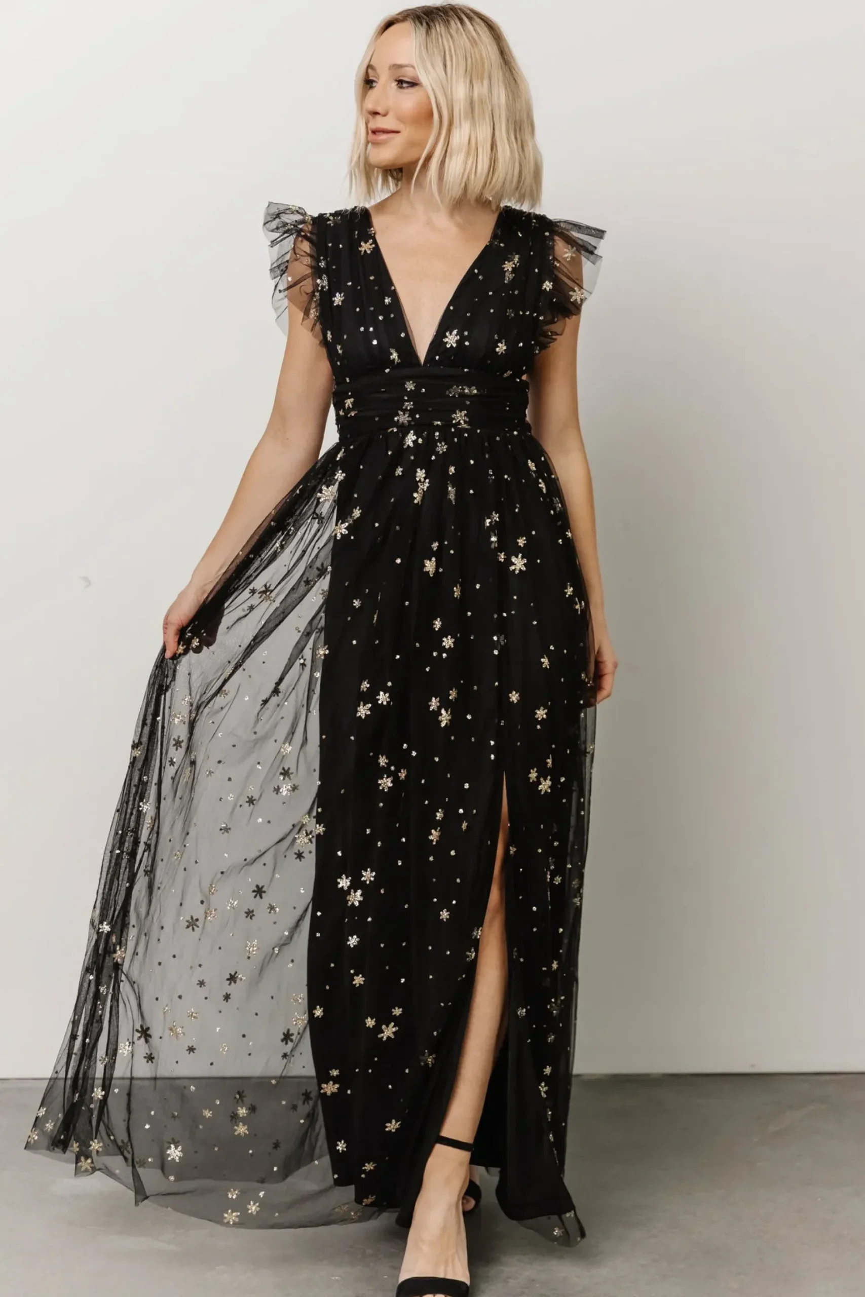 Baltic Born tulle styles|Nova Shimmer Maxi Dress | Black + Gold