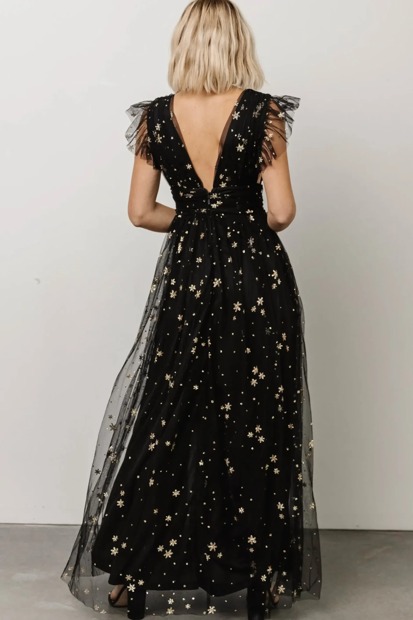 Baltic Born tulle styles|Nova Shimmer Maxi Dress | Black + Gold