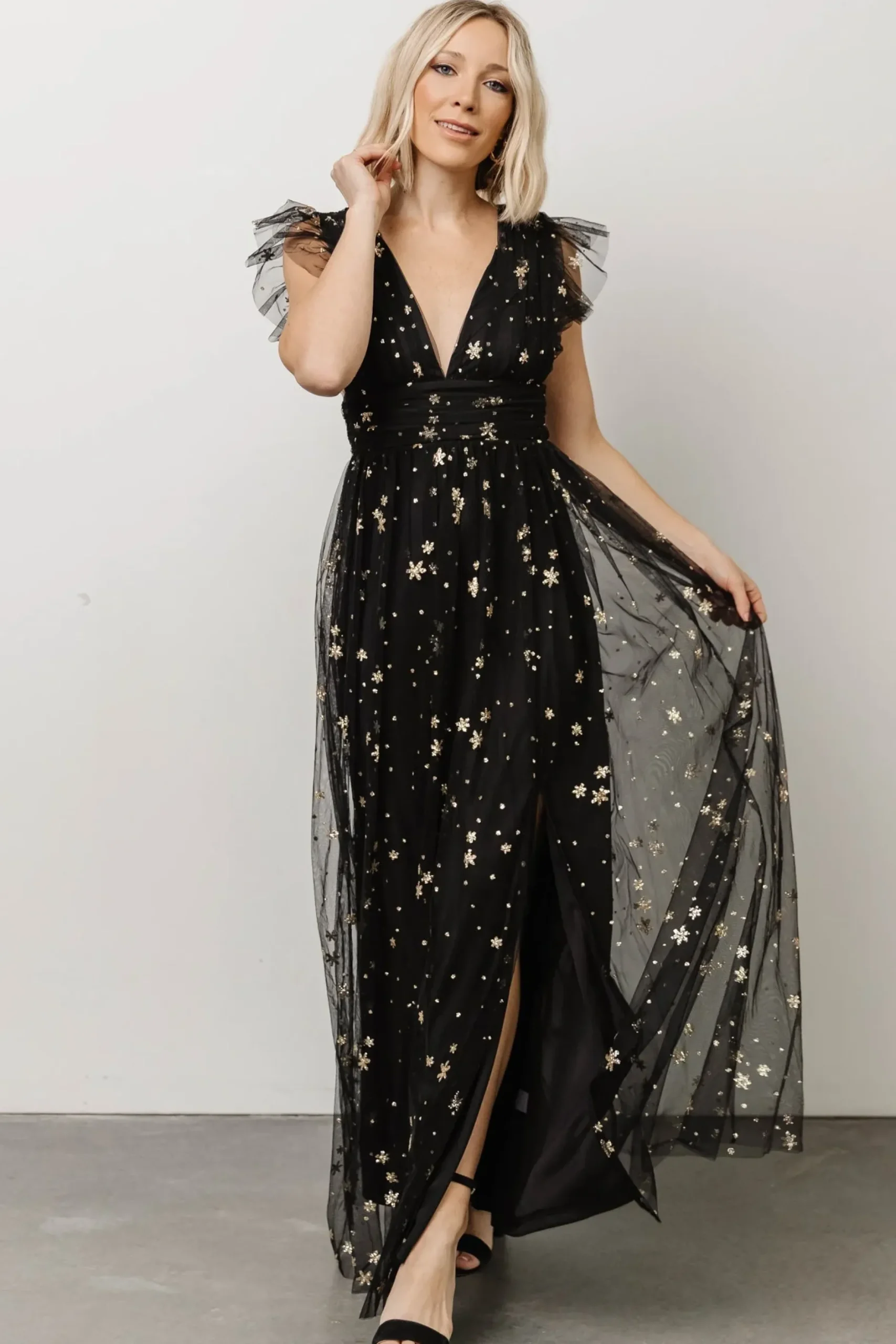 Baltic Born tulle styles|Nova Shimmer Maxi Dress | Black + Gold