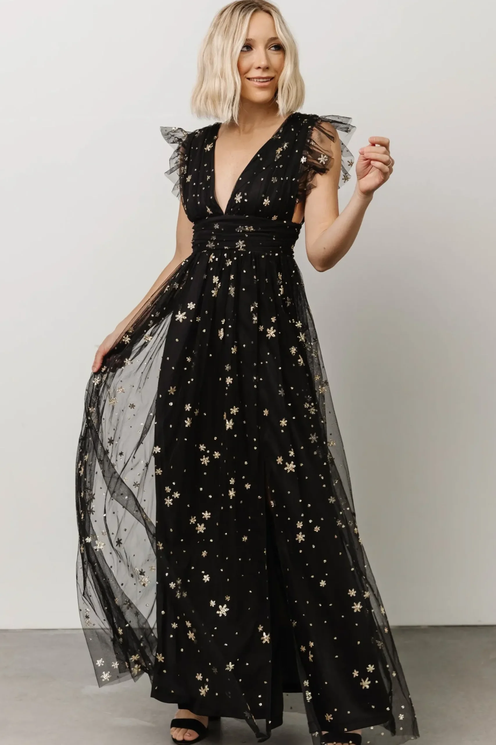 Baltic Born tulle styles|Nova Shimmer Maxi Dress | Black + Gold