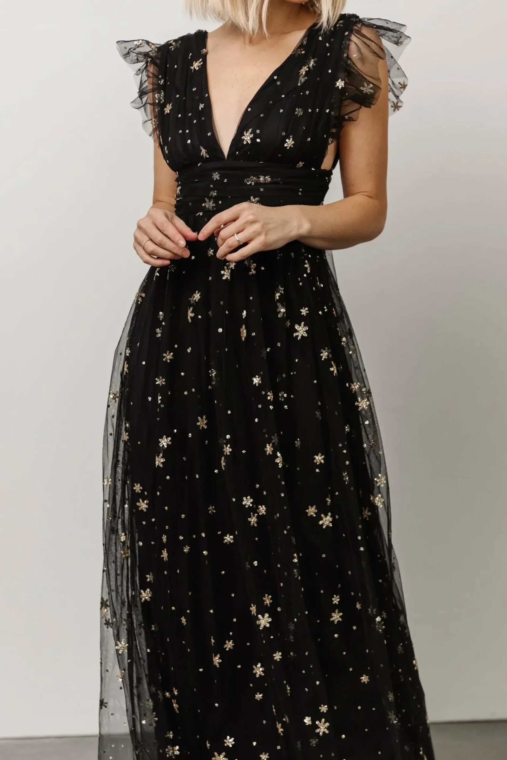 Baltic Born tulle styles|Nova Shimmer Maxi Dress | Black + Gold